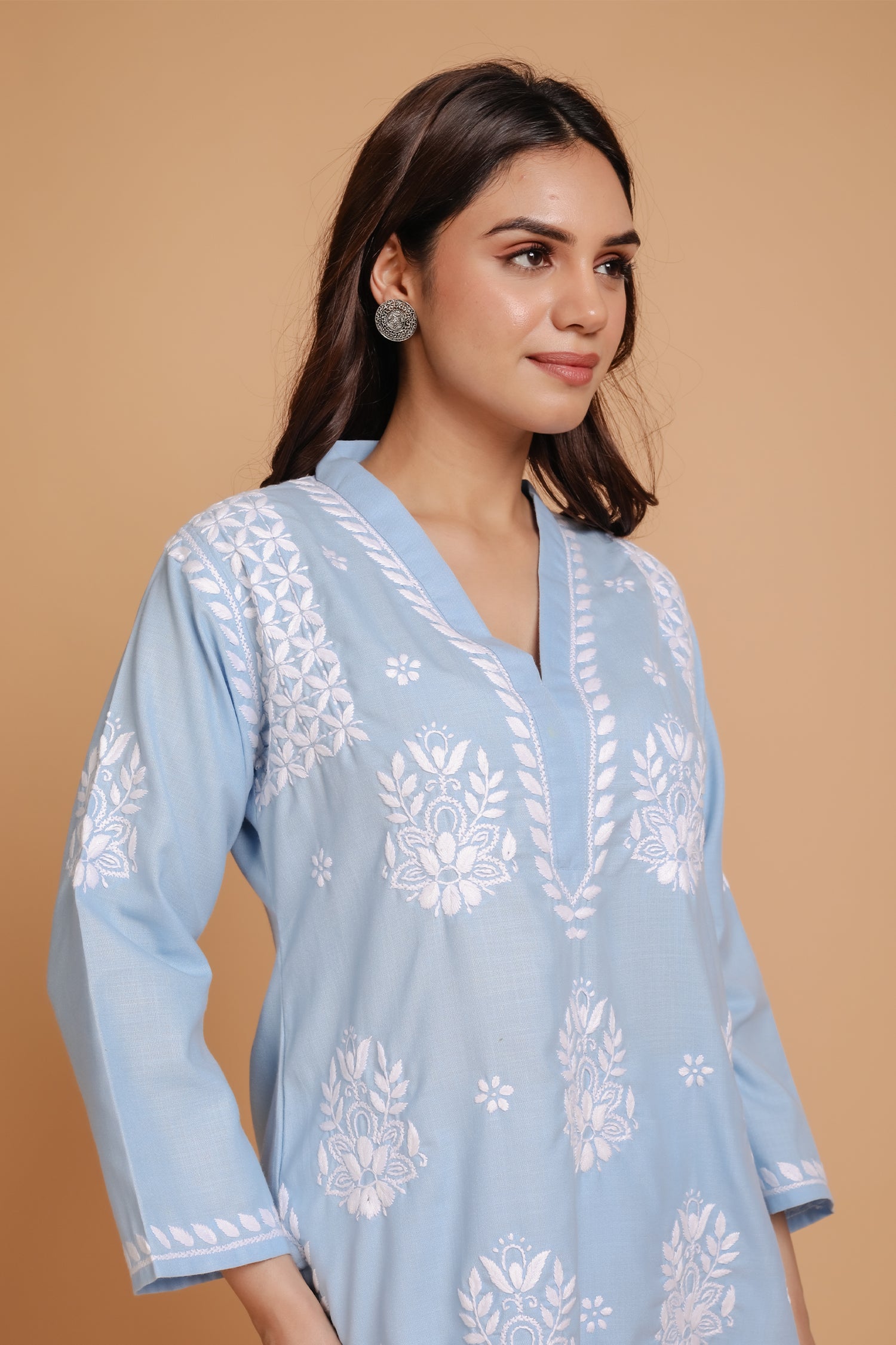 Saba Chikankari Short kurta in Slub cotton - Powder Blue