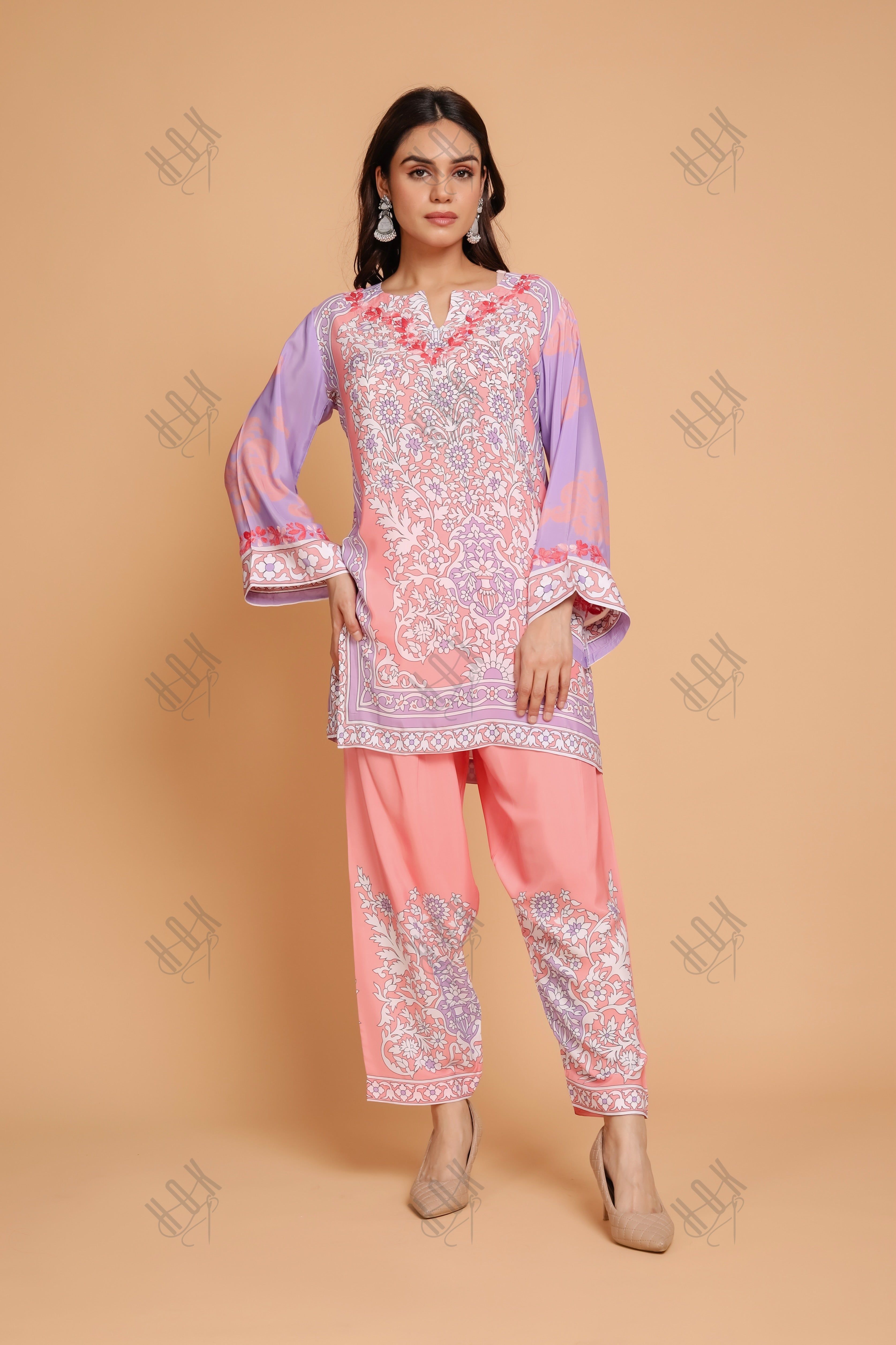 Saba Chikankari Printed Polysilk Set for Women - Pink