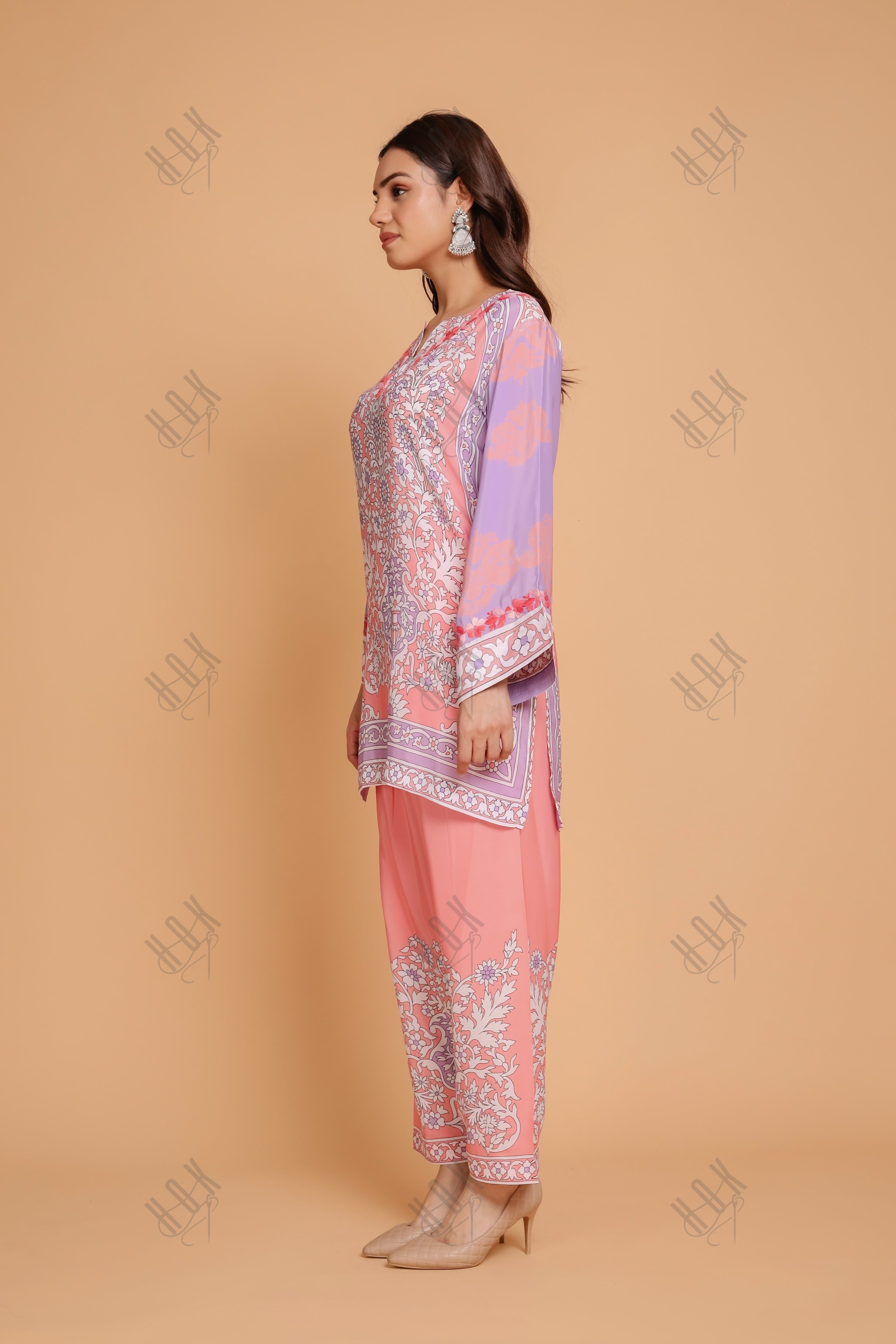 Saba Chikankari Printed Polysilk Set for Women - Pink