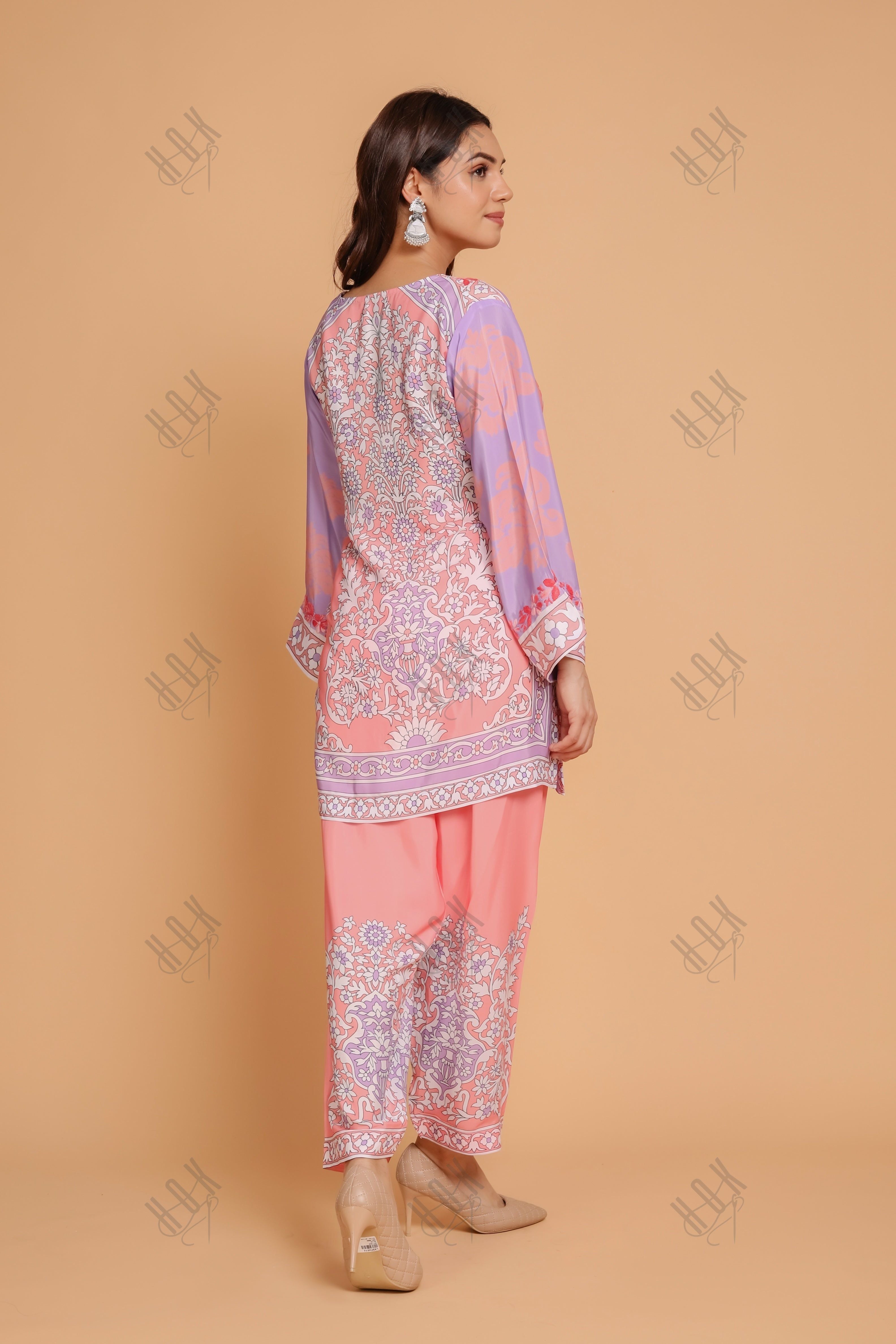 Saba Chikankari Printed Polysilk Set for Women - Pink