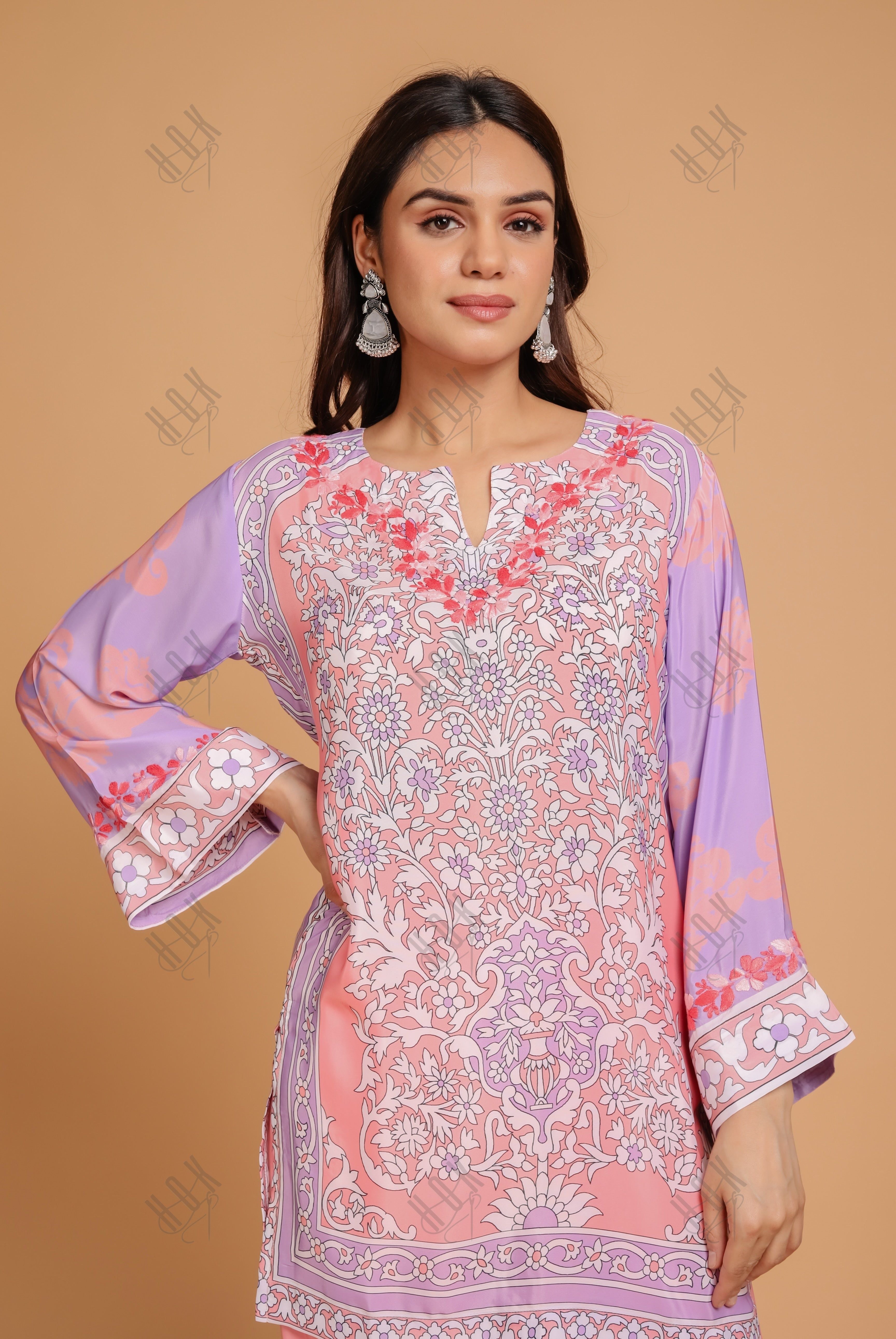 Saba Chikankari Printed Polysilk Set for Women - Pink