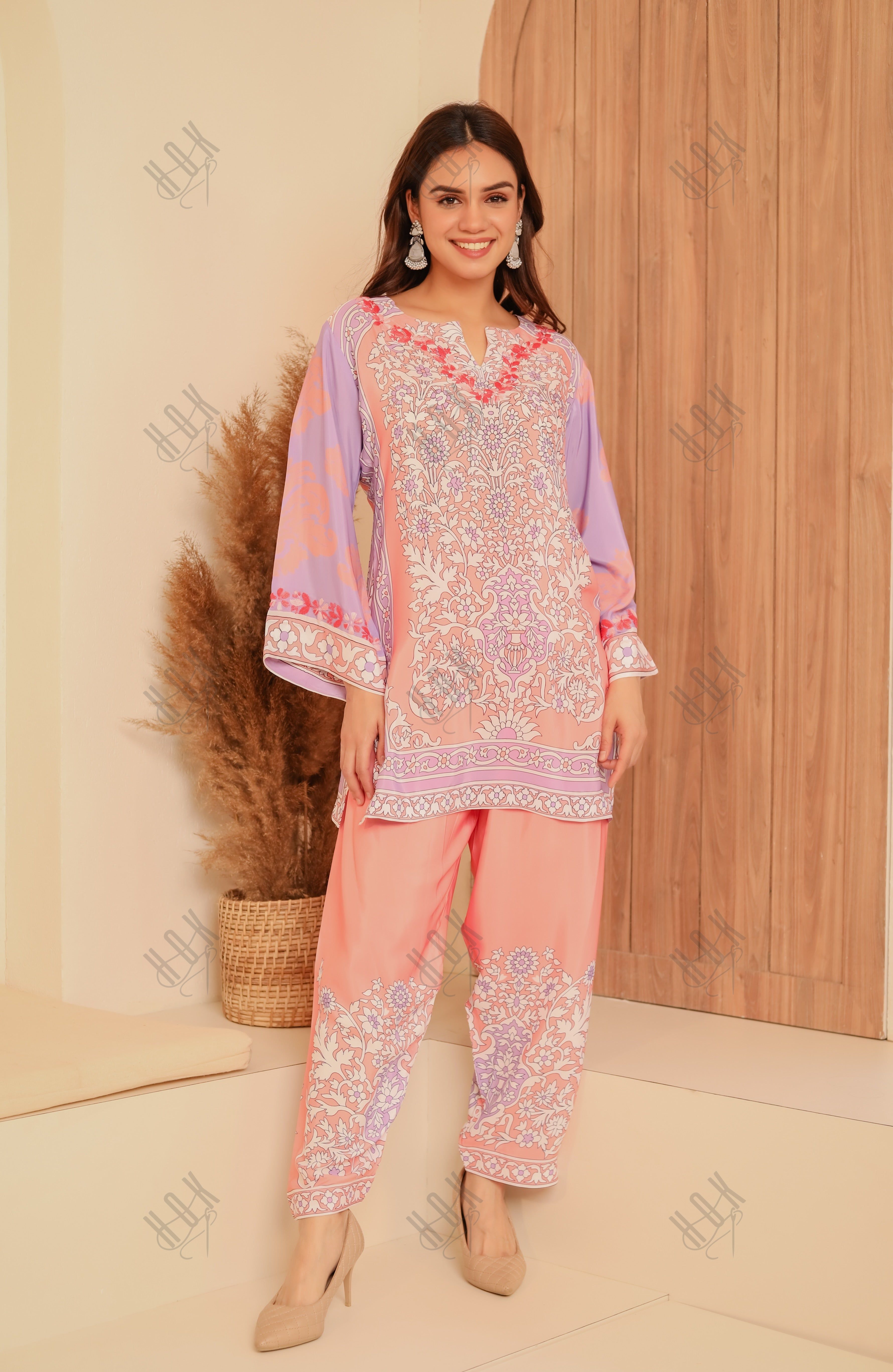 Saba Chikankari Printed Polysilk Set for Women - Pink