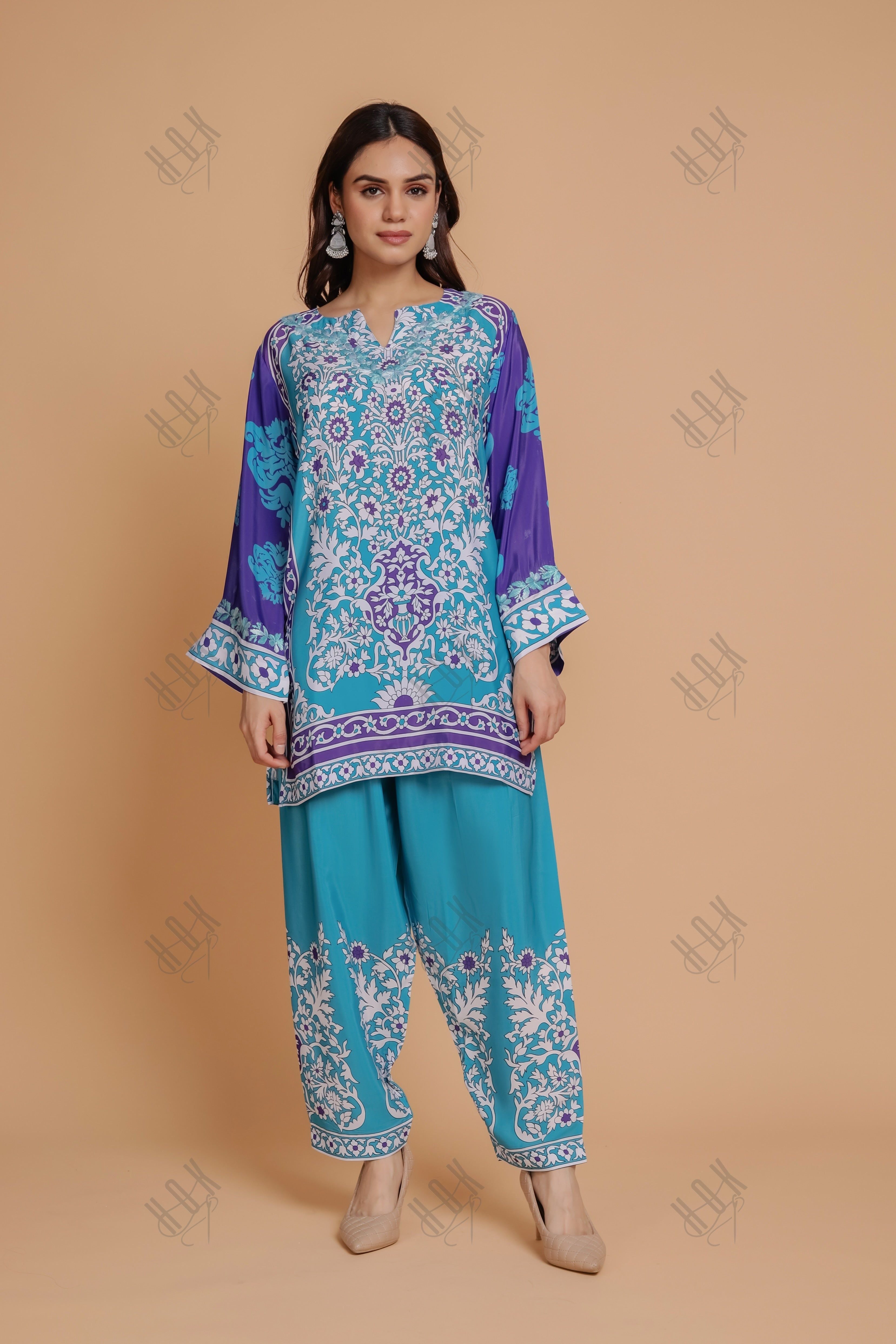 Saba Chikankari Printed Polysilk Set for Women - Blue