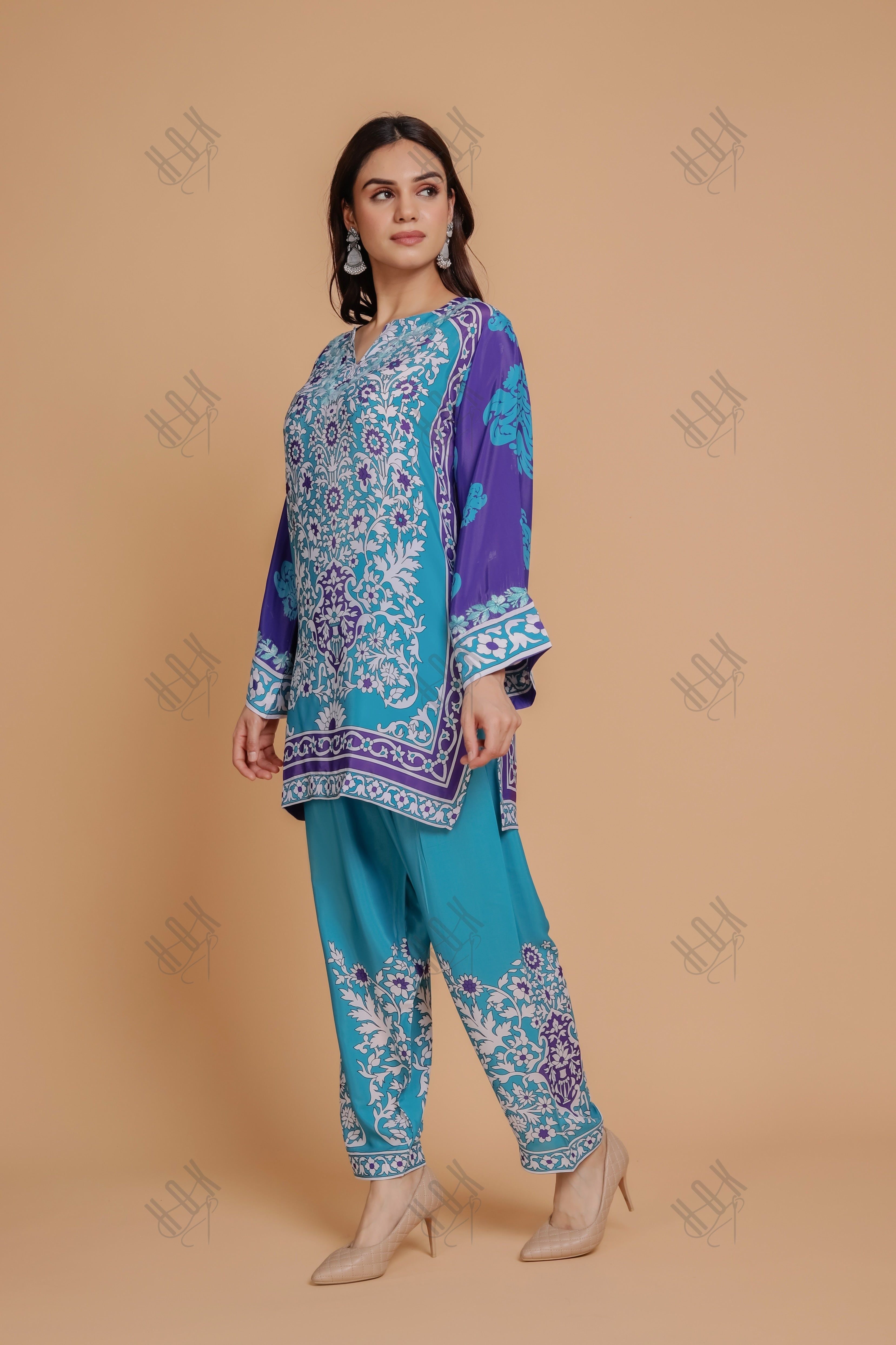 Saba Chikankari Printed Polysilk Set for Women - Blue