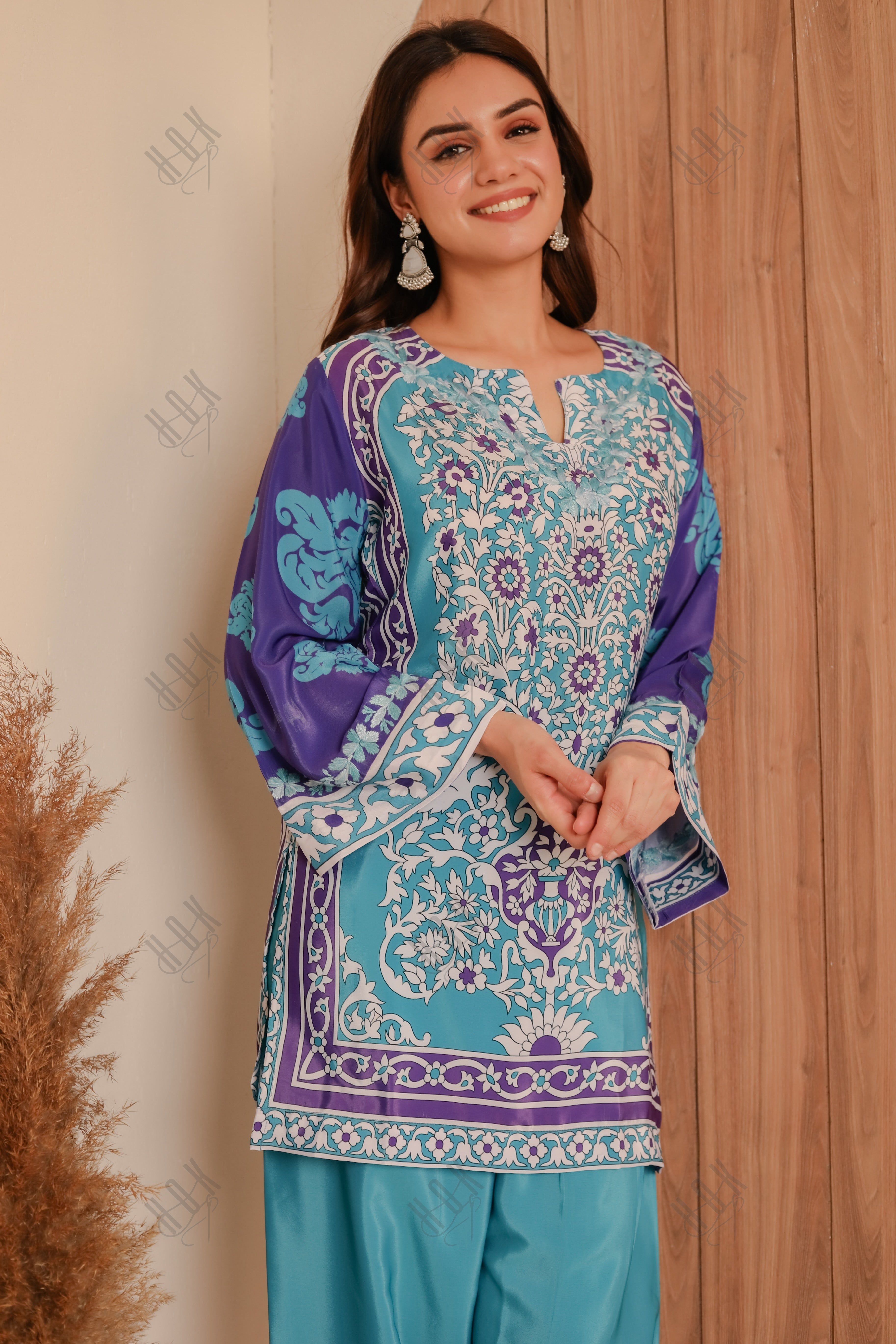 Saba Chikankari Printed Polysilk Set for Women - Blue