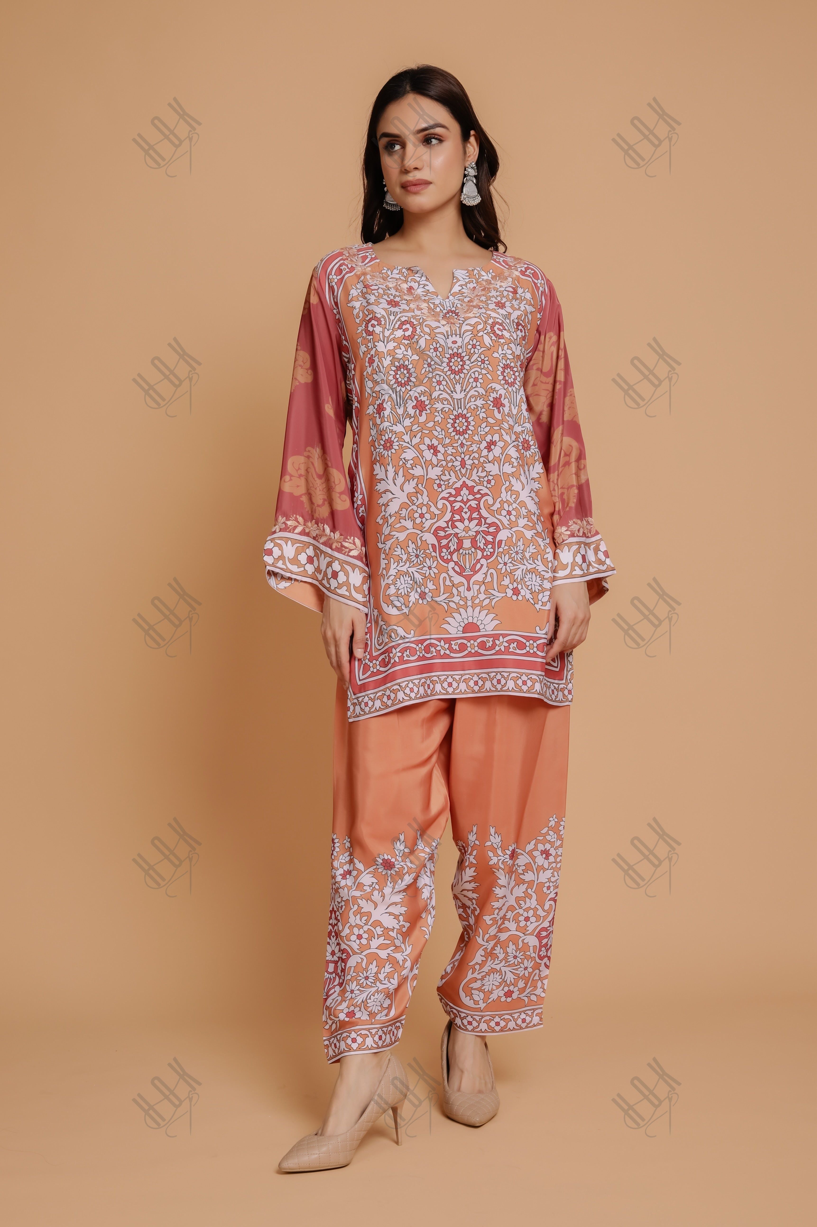 Saba Chikankari Printed Polysilk Set for Women - Orange