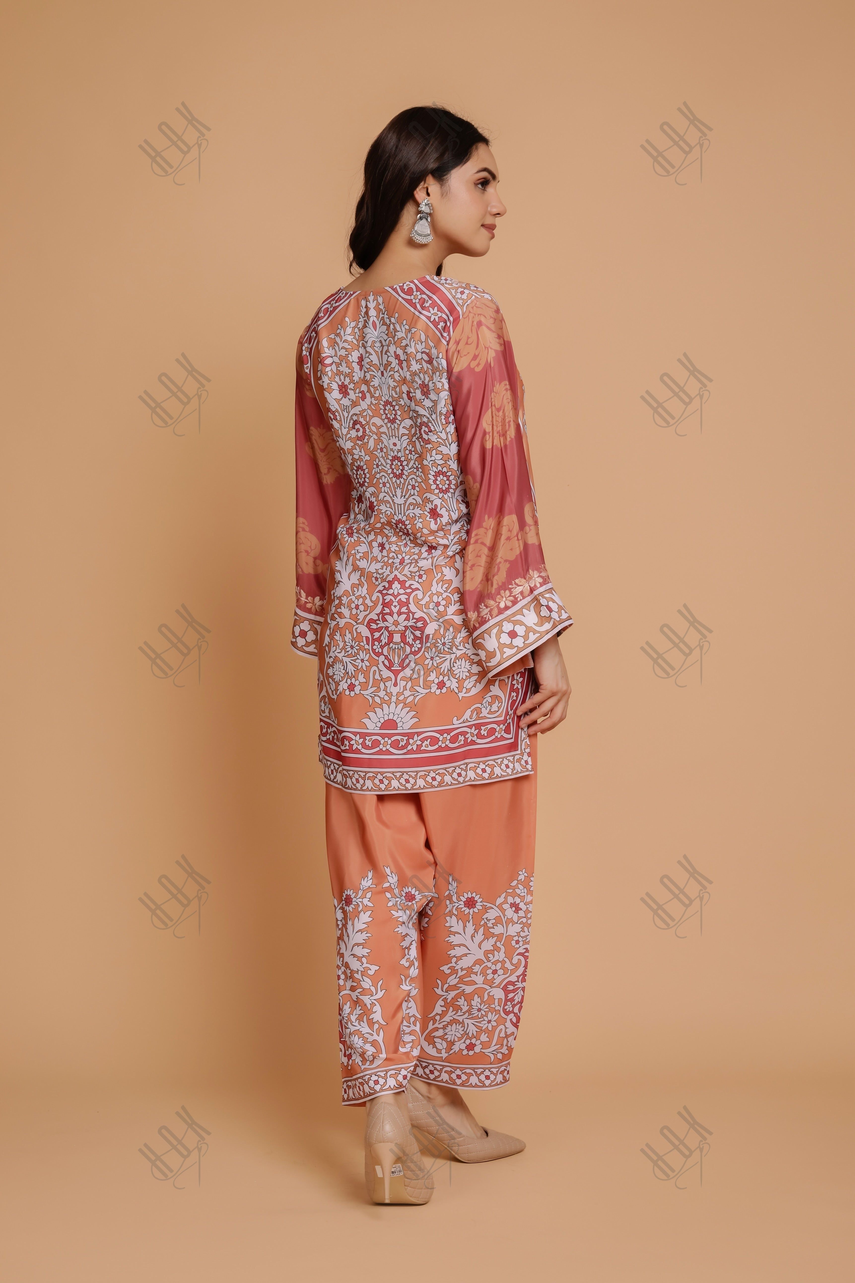 Saba Chikankari Printed Polysilk Set for Women - Orange