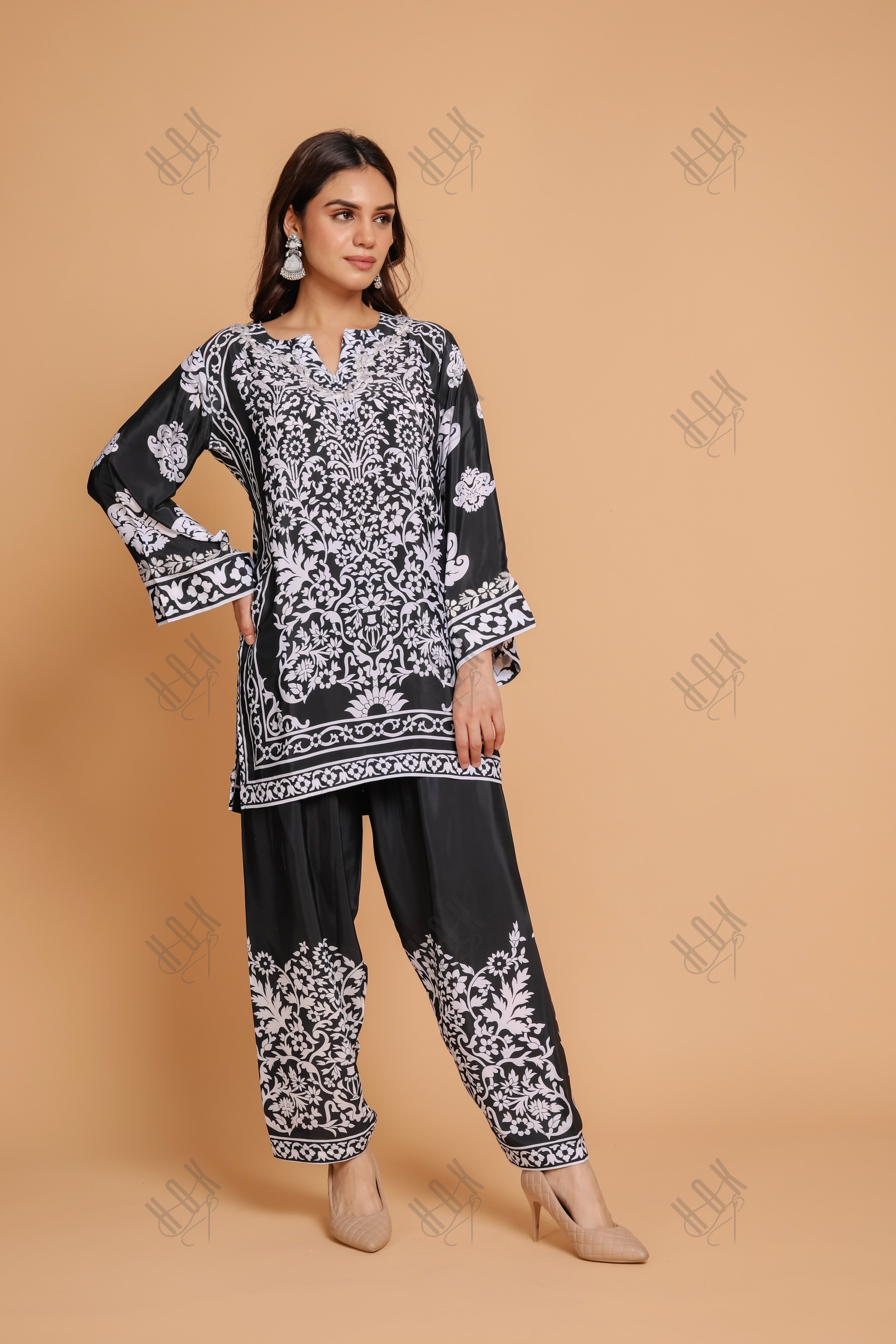 Saba Chikankari Printed Polysilk Set for Women - Black