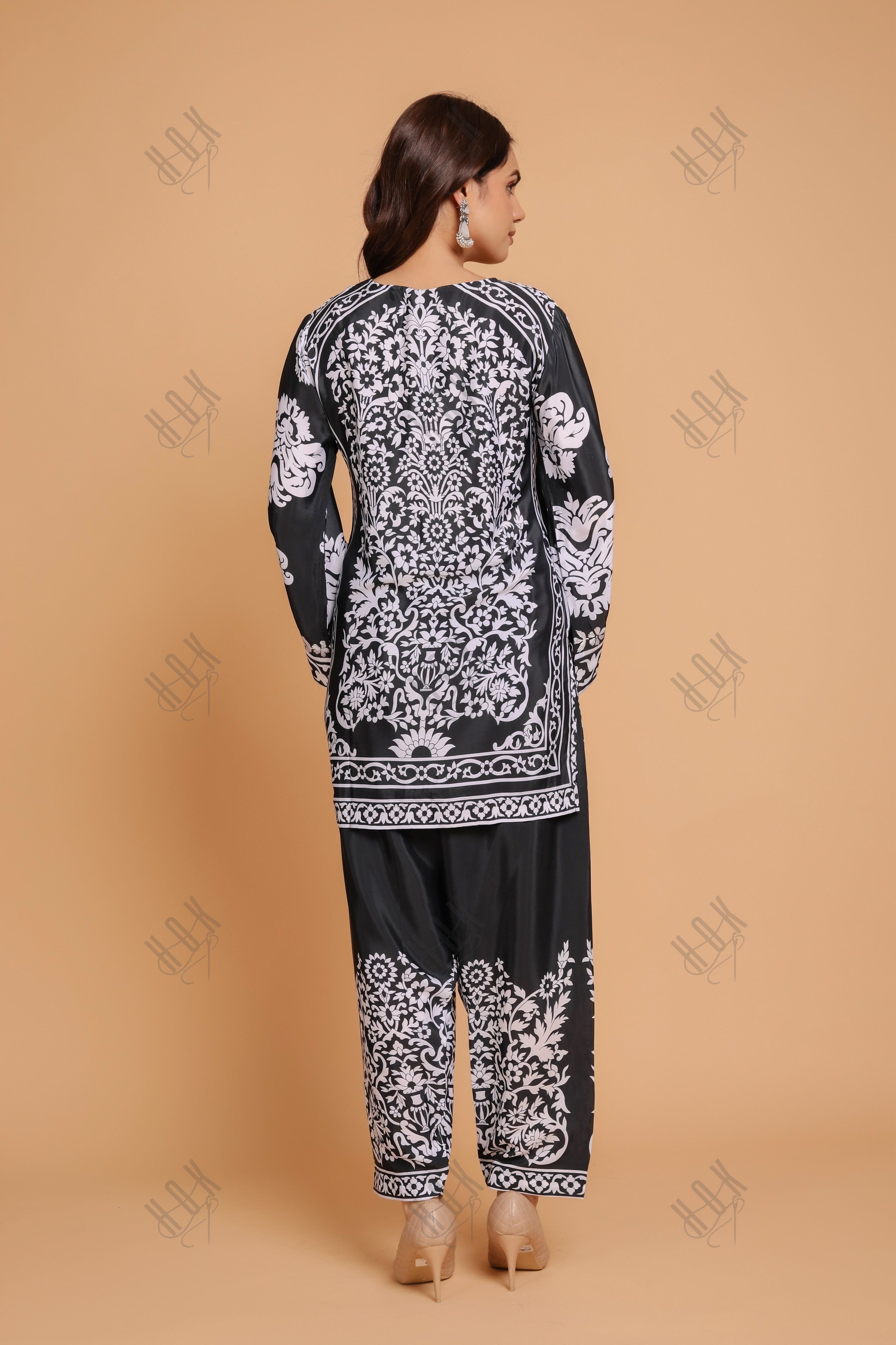 Saba Chikankari Printed Polysilk Set for Women - Black