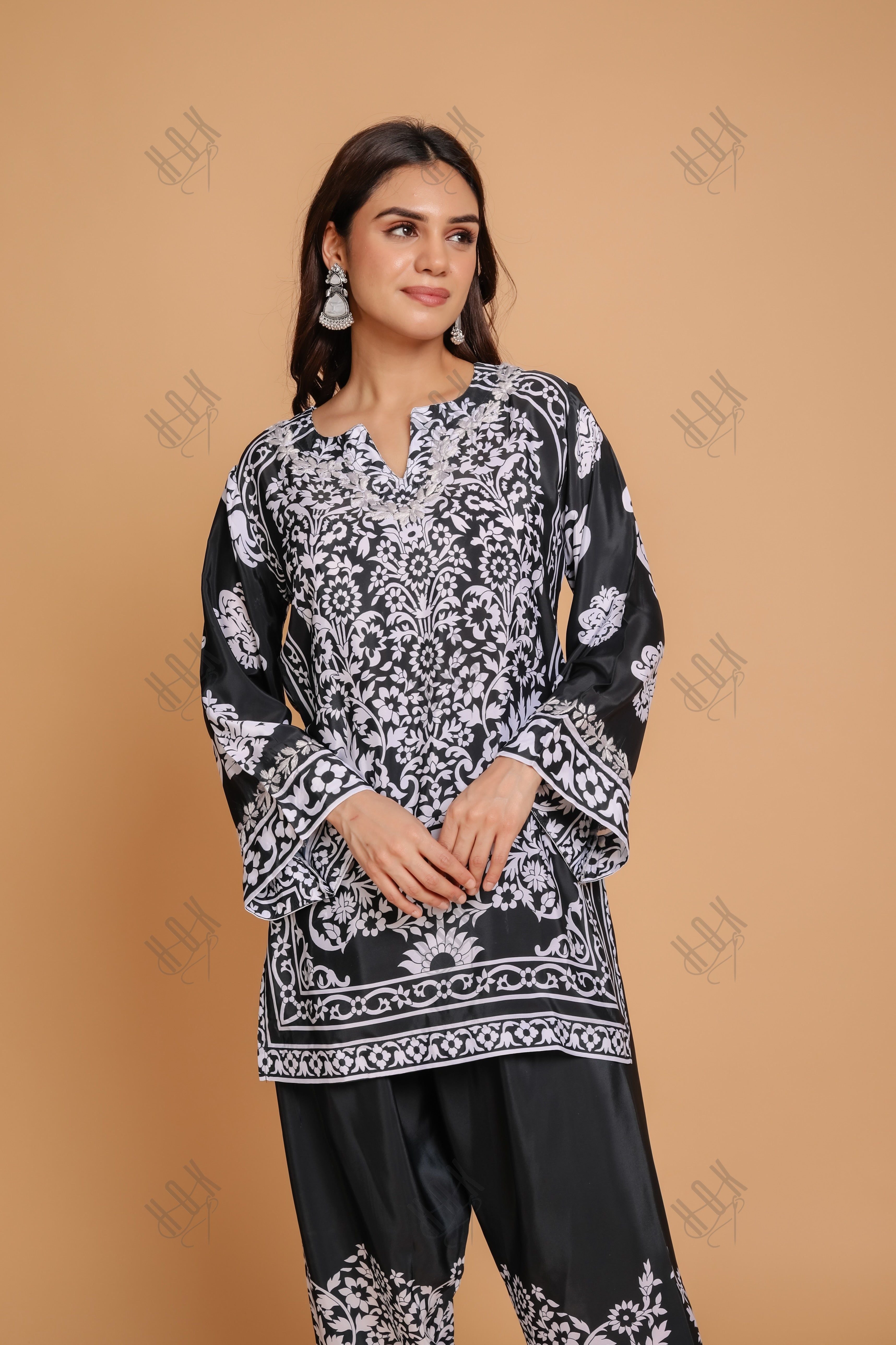 Saba Chikankari Printed Polysilk Set for Women - Black