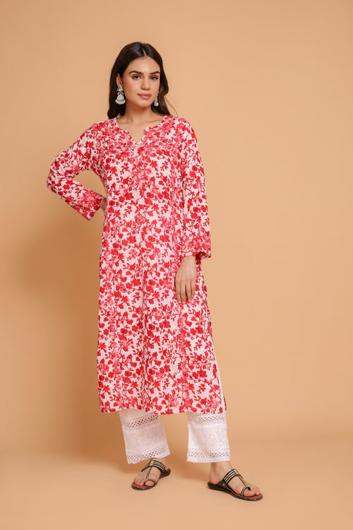 Saba Chikankari Kurta in Mul cotton in Red Print