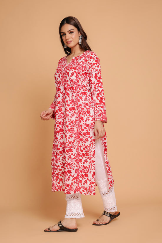 Saba Chikankari Kurta in Mul cotton in Red Print