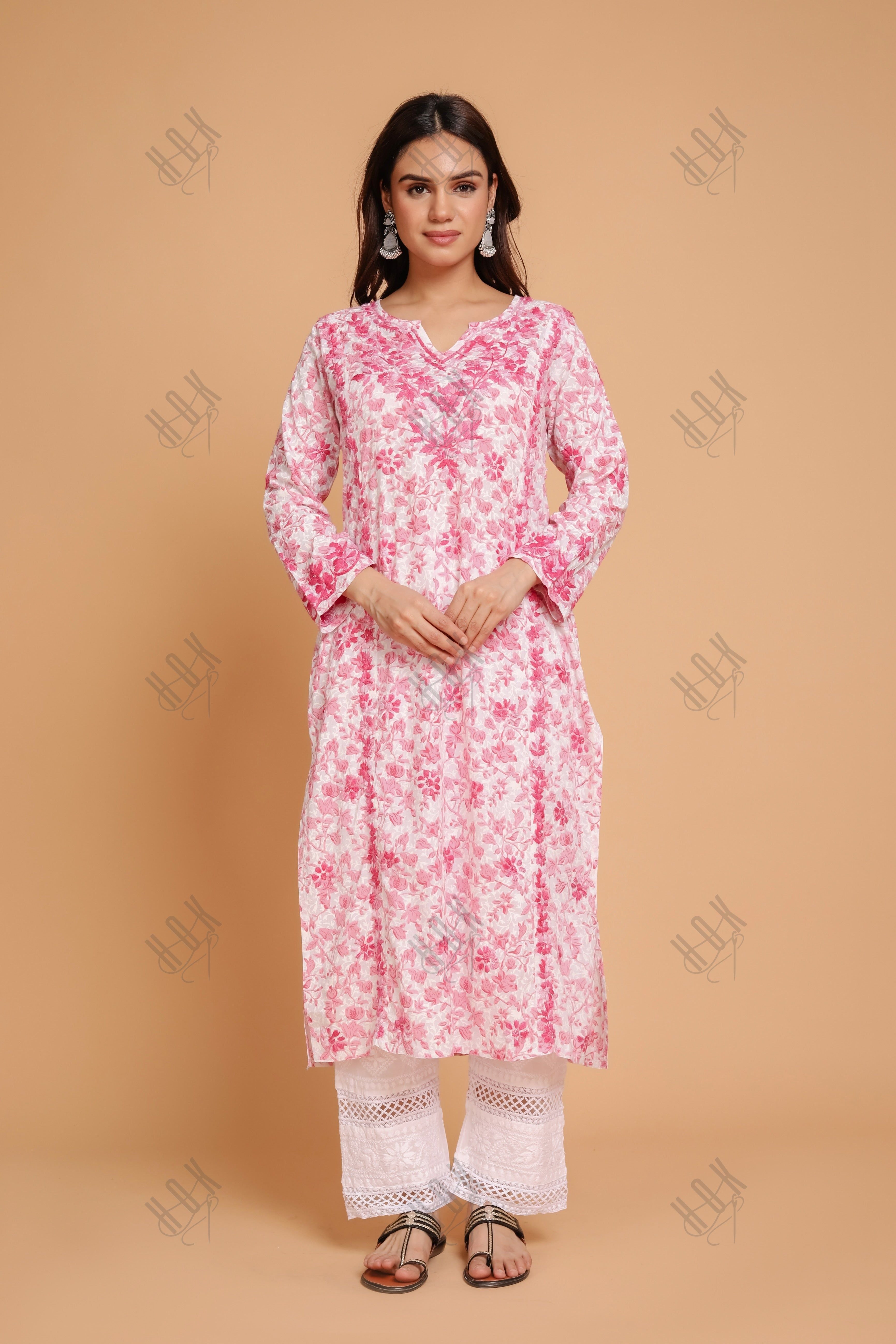 Saba Chikankari Kurta in Mul cotton in Pink Print