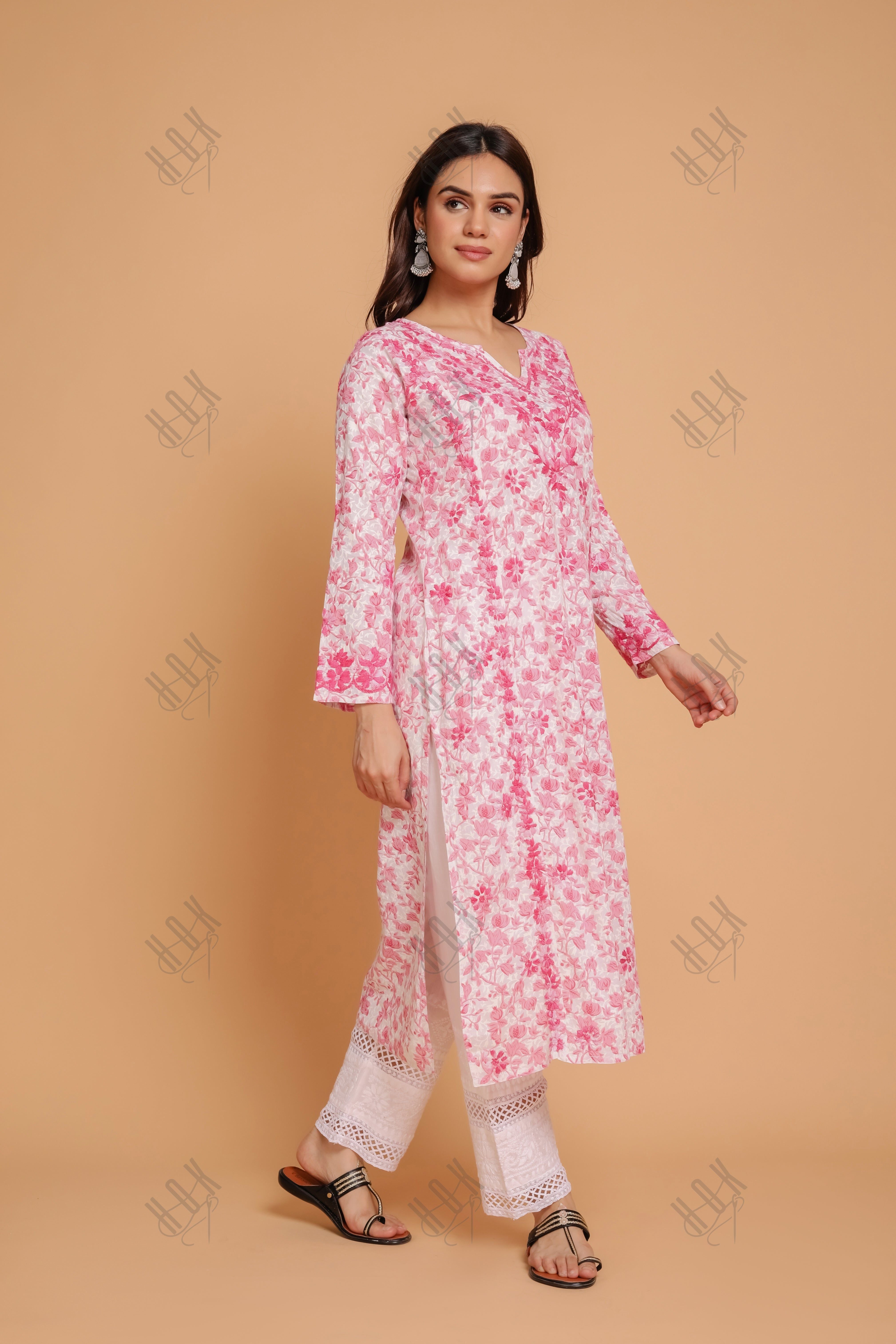 Saba Chikankari Kurta in Mul cotton in Pink Print