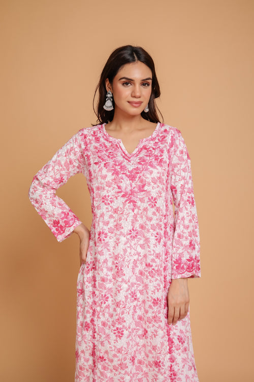 Saba Chikankari Kurta in Mul cotton in Pink Print