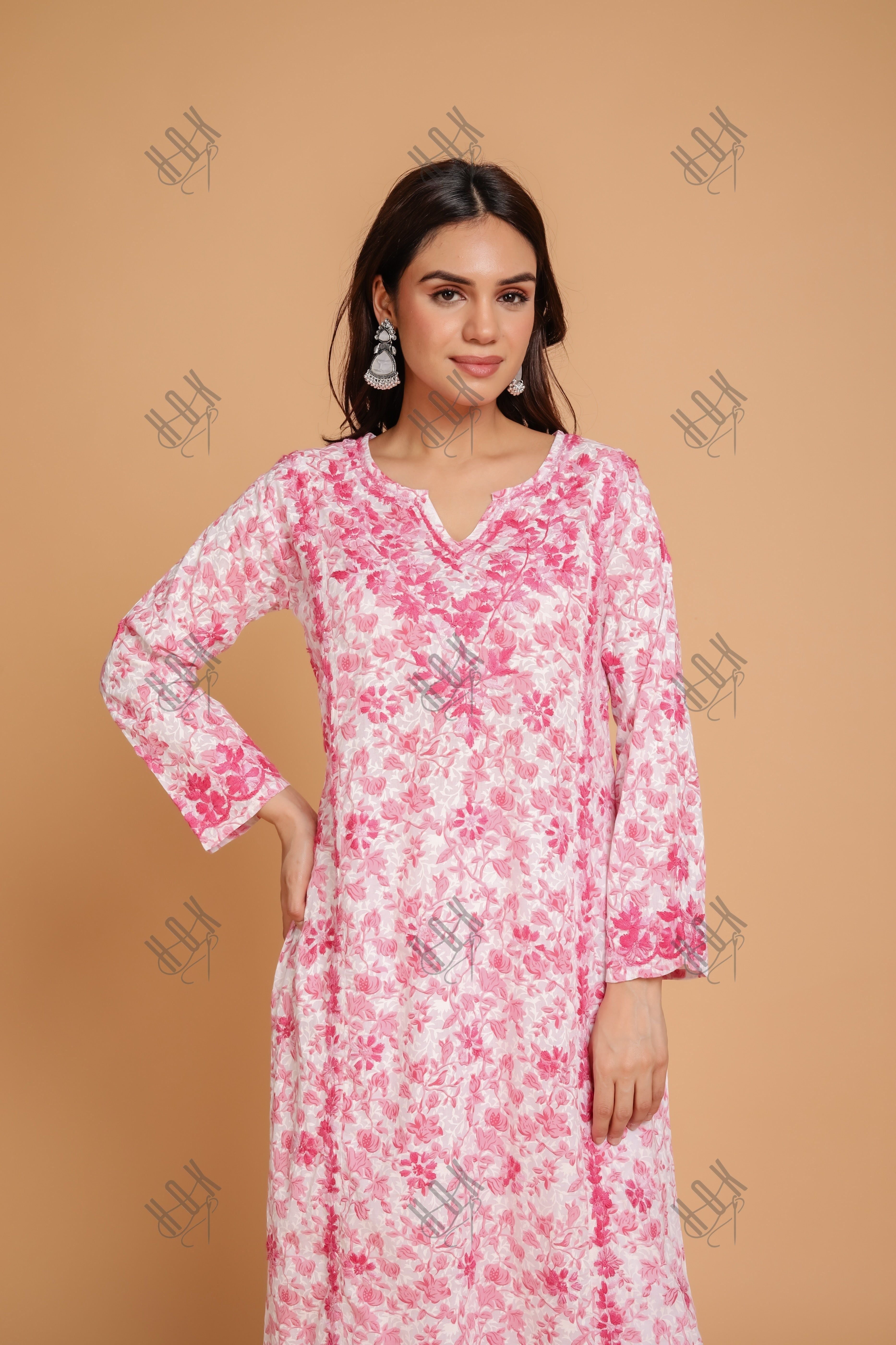 Simer in Saba Chikankari Kurta in Mul cotton in Pink Print