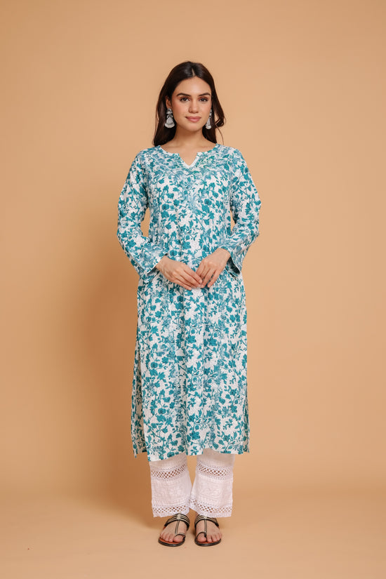Saba Chikankari Kurta in Mul cotton in Blue Print