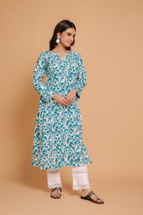 Saba Chikankari Kurta in Mul cotton in Blue Print