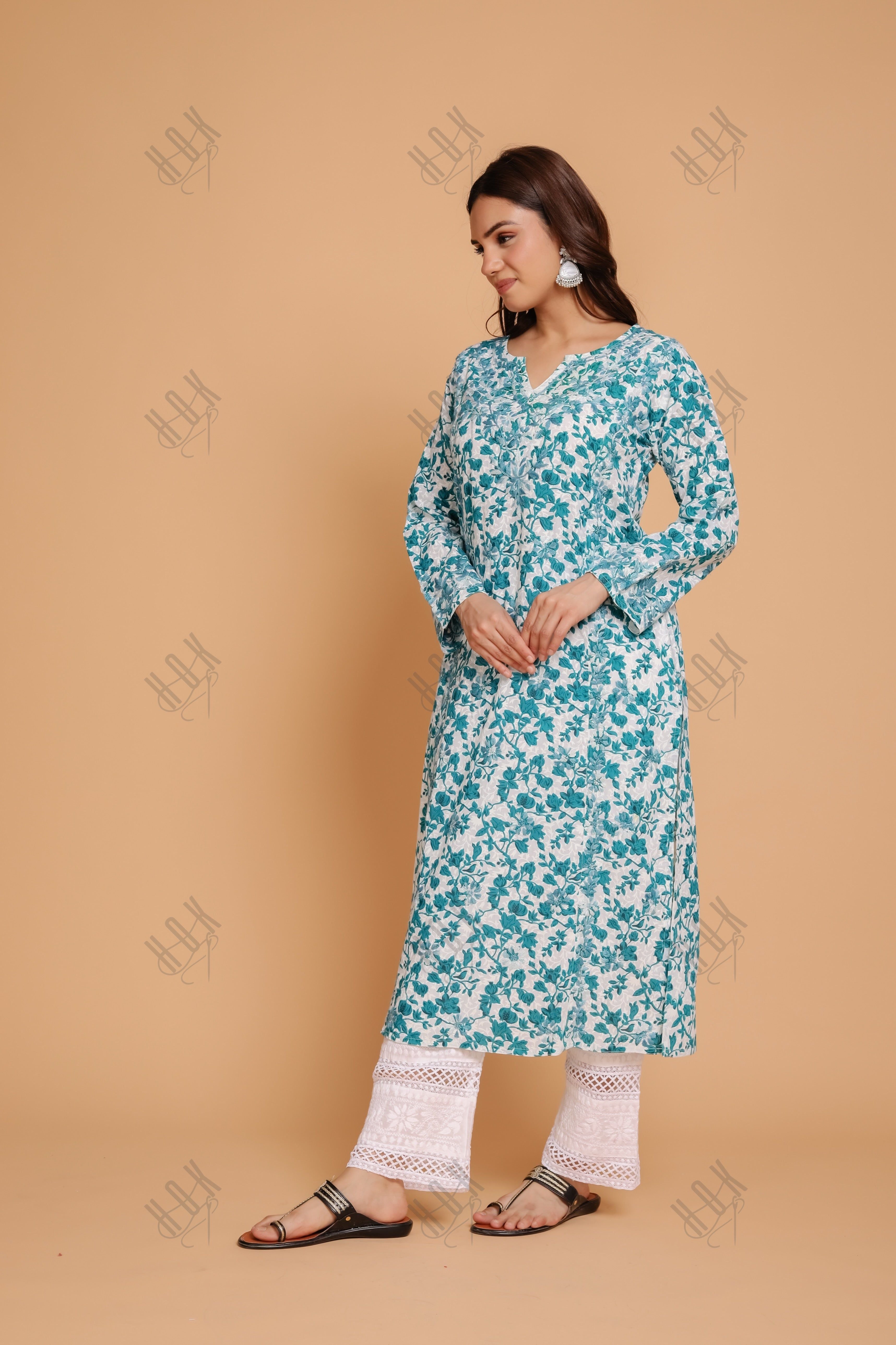 Saba Chikankari Kurta in Mul cotton in Blue Print