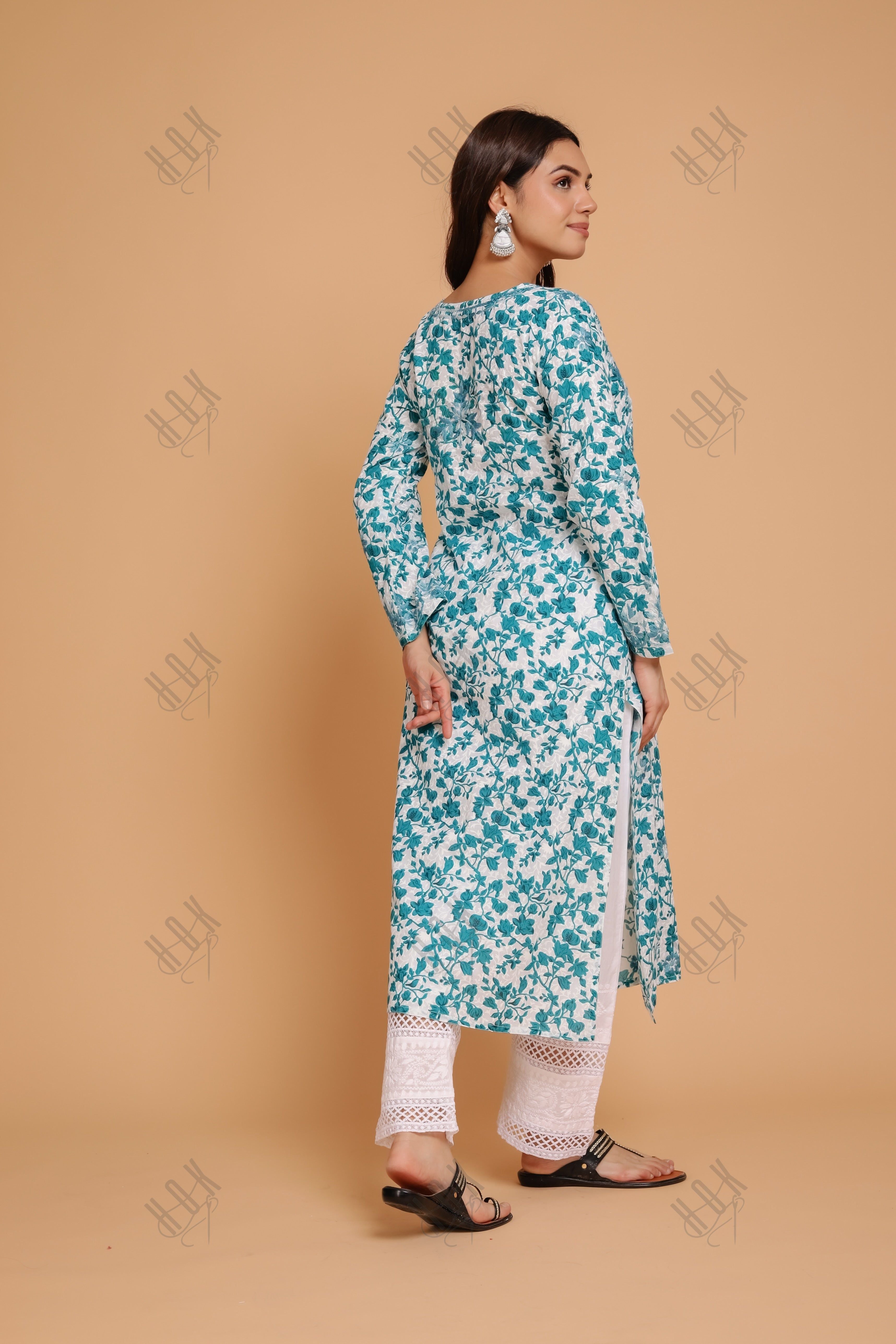 Saba Chikankari Kurta in Mul cotton in Blue Print