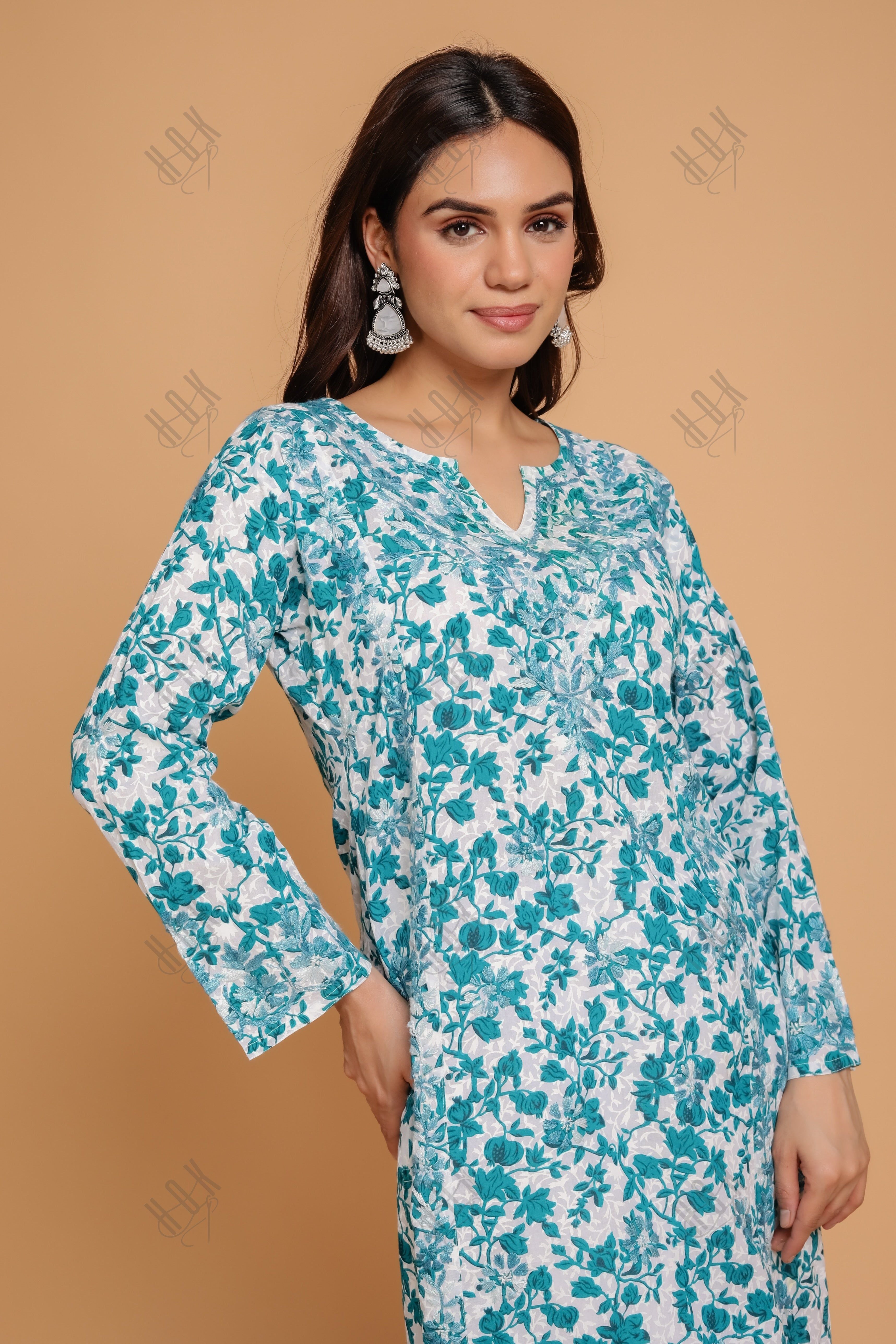 Saba Chikankari Kurta in Mul cotton in Blue Print