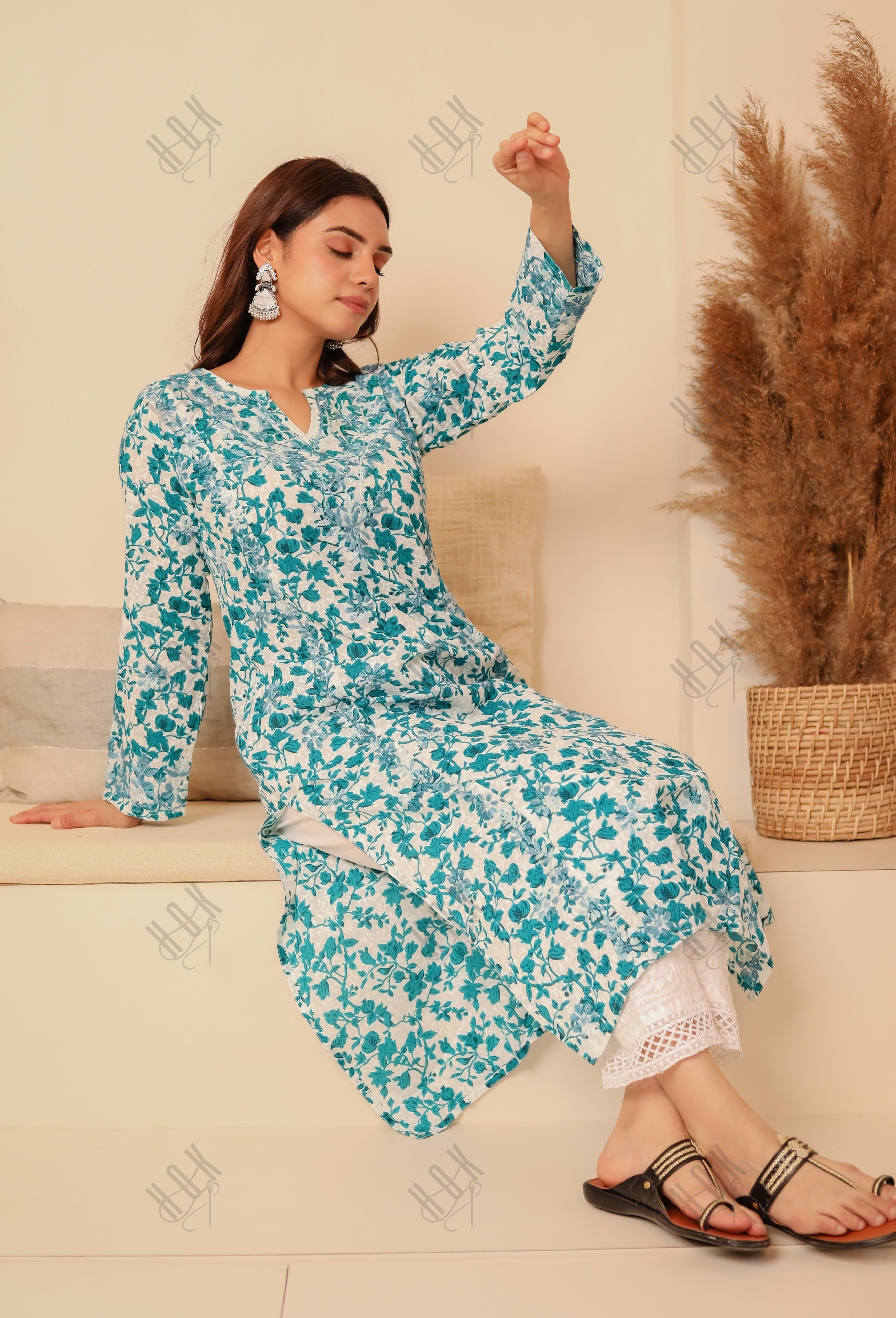 Saba Chikankari Kurta in Mul cotton in Blue Print