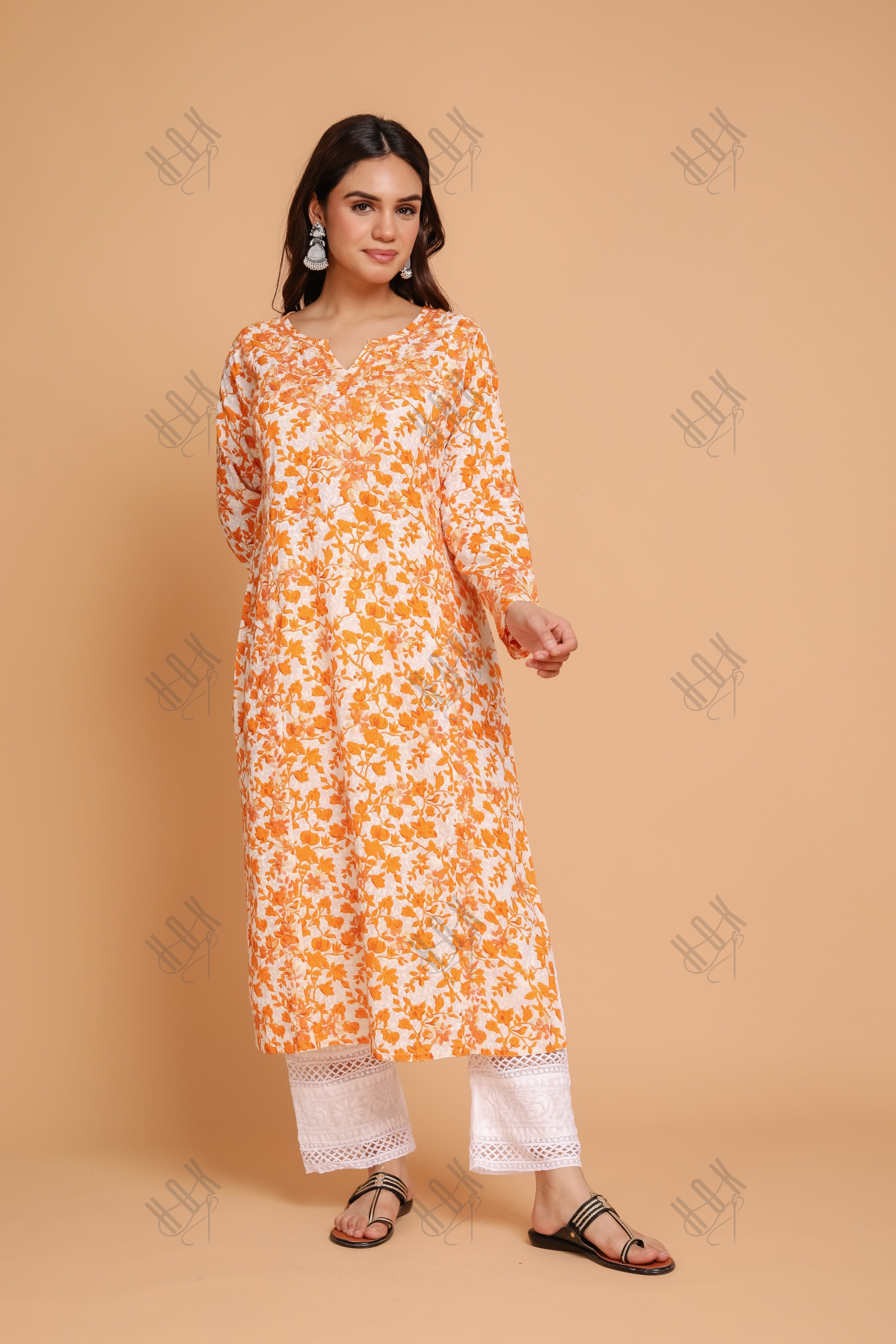 Saba Chikankari Kurta in Mul cotton in Yellow Print