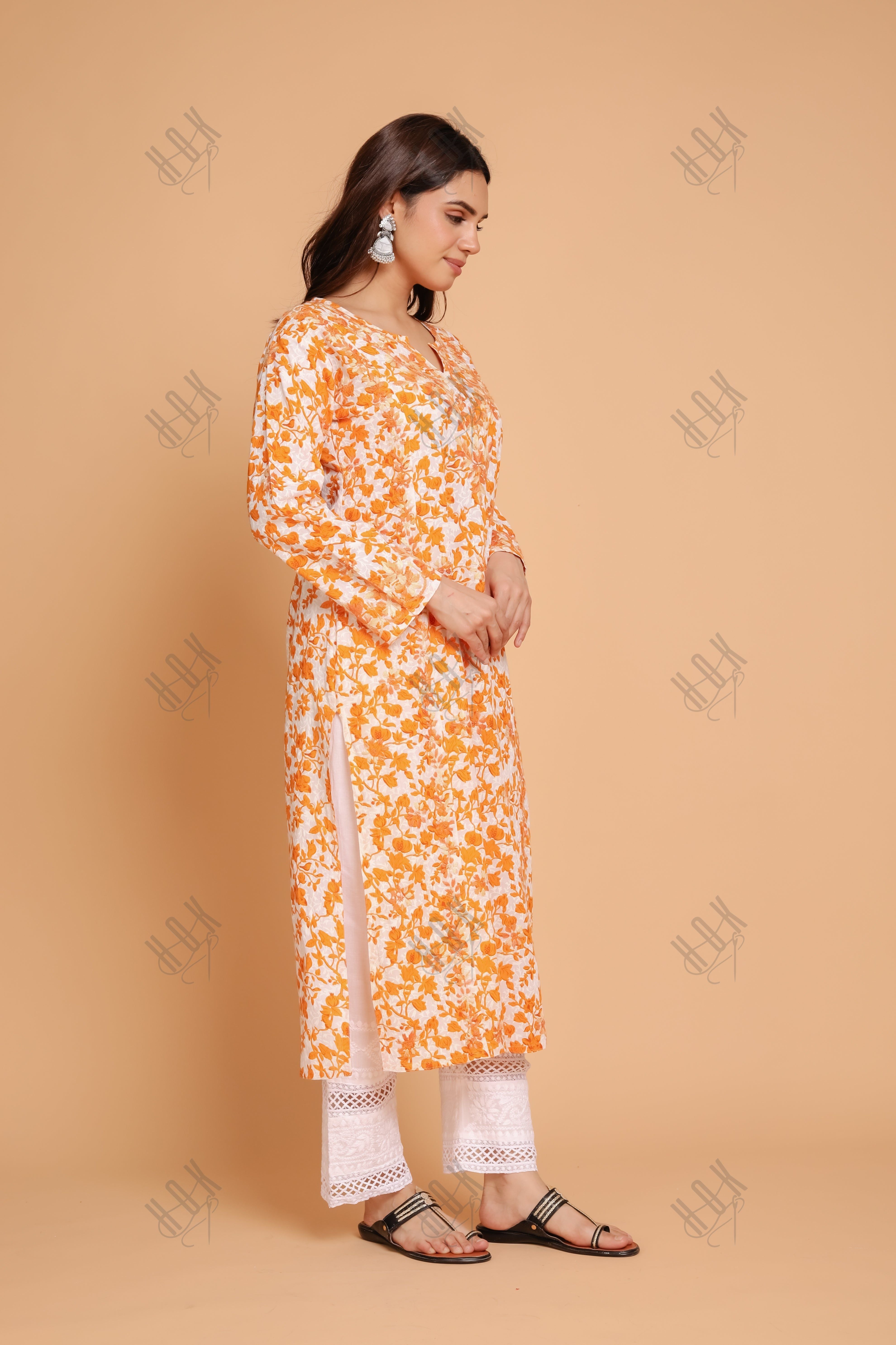 Saba Chikankari Kurta in Mul cotton in Yellow Print