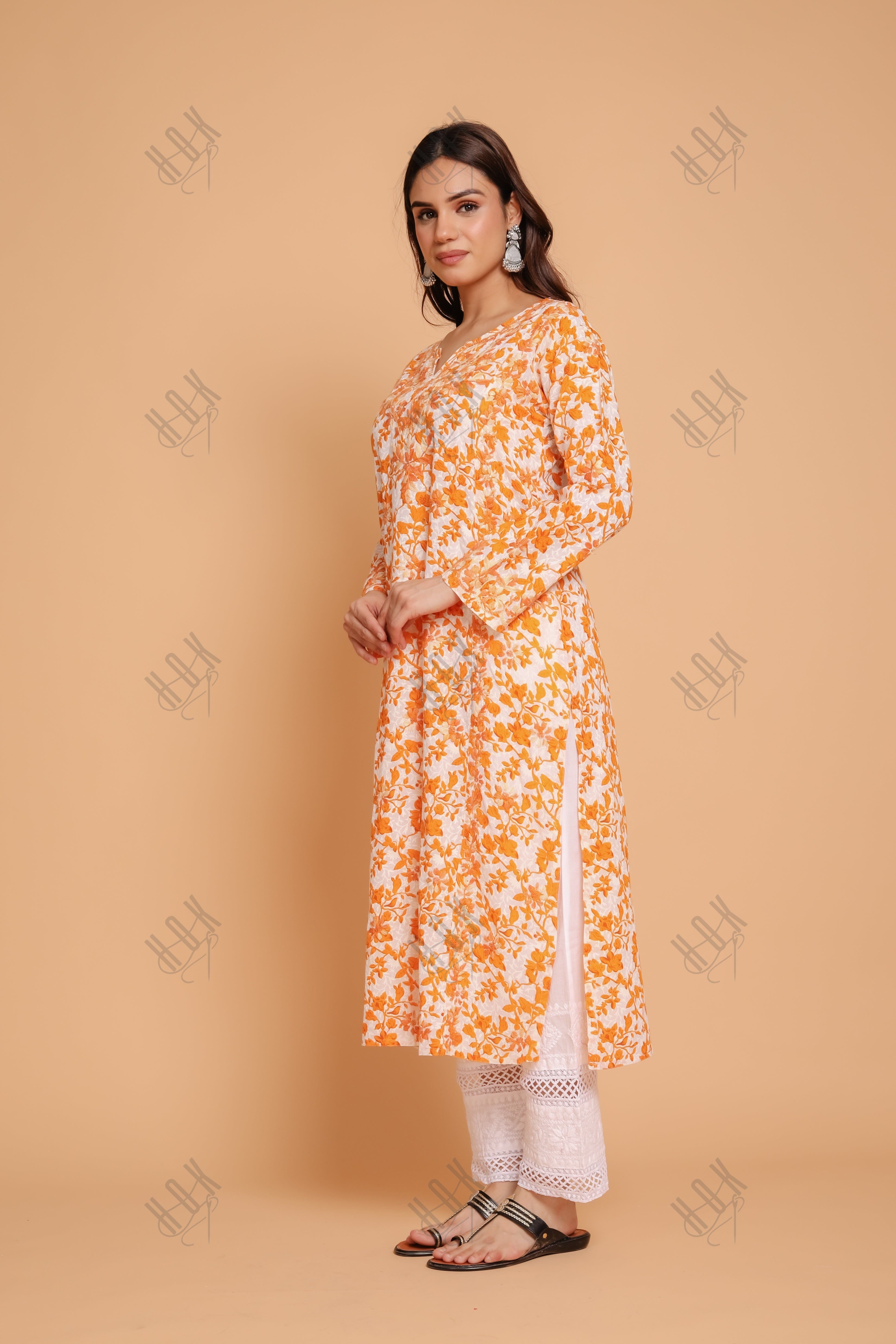 Saba Chikankari Kurta in Mul cotton in Yellow Print