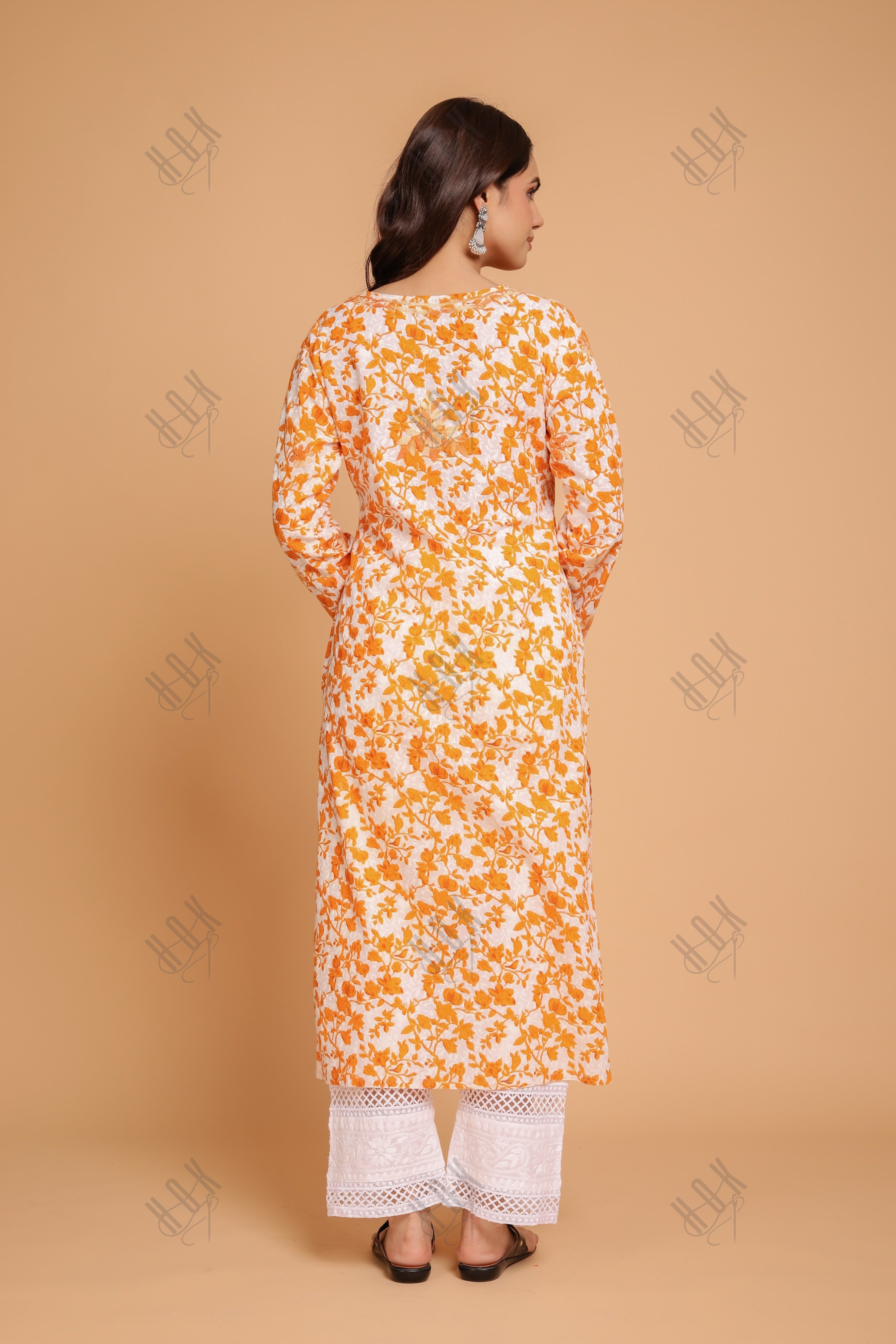 Saba Chikankari Kurta in Mul cotton in Yellow Print