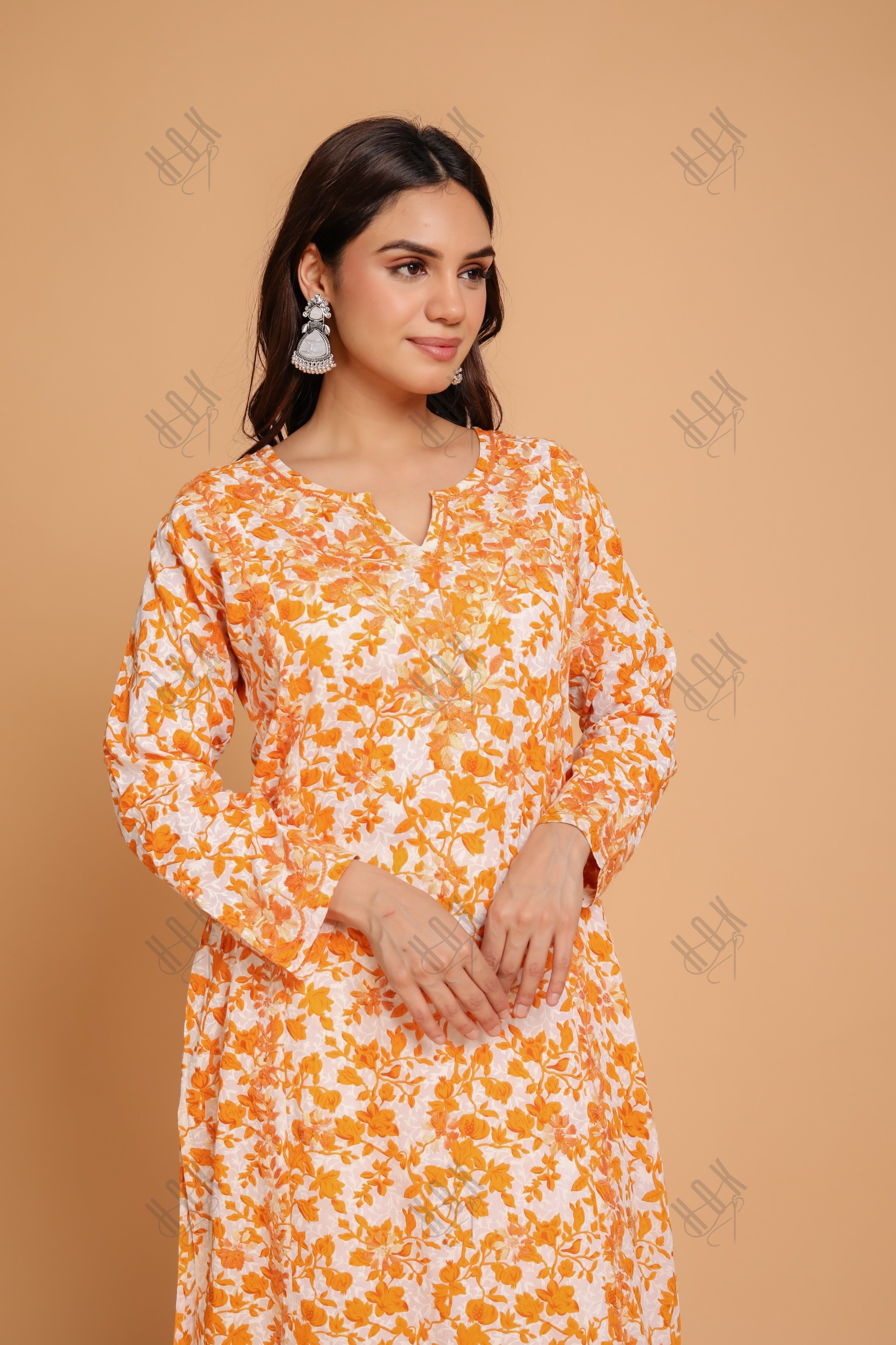 Saba Chikankari Kurta in Mul cotton in Yellow Print