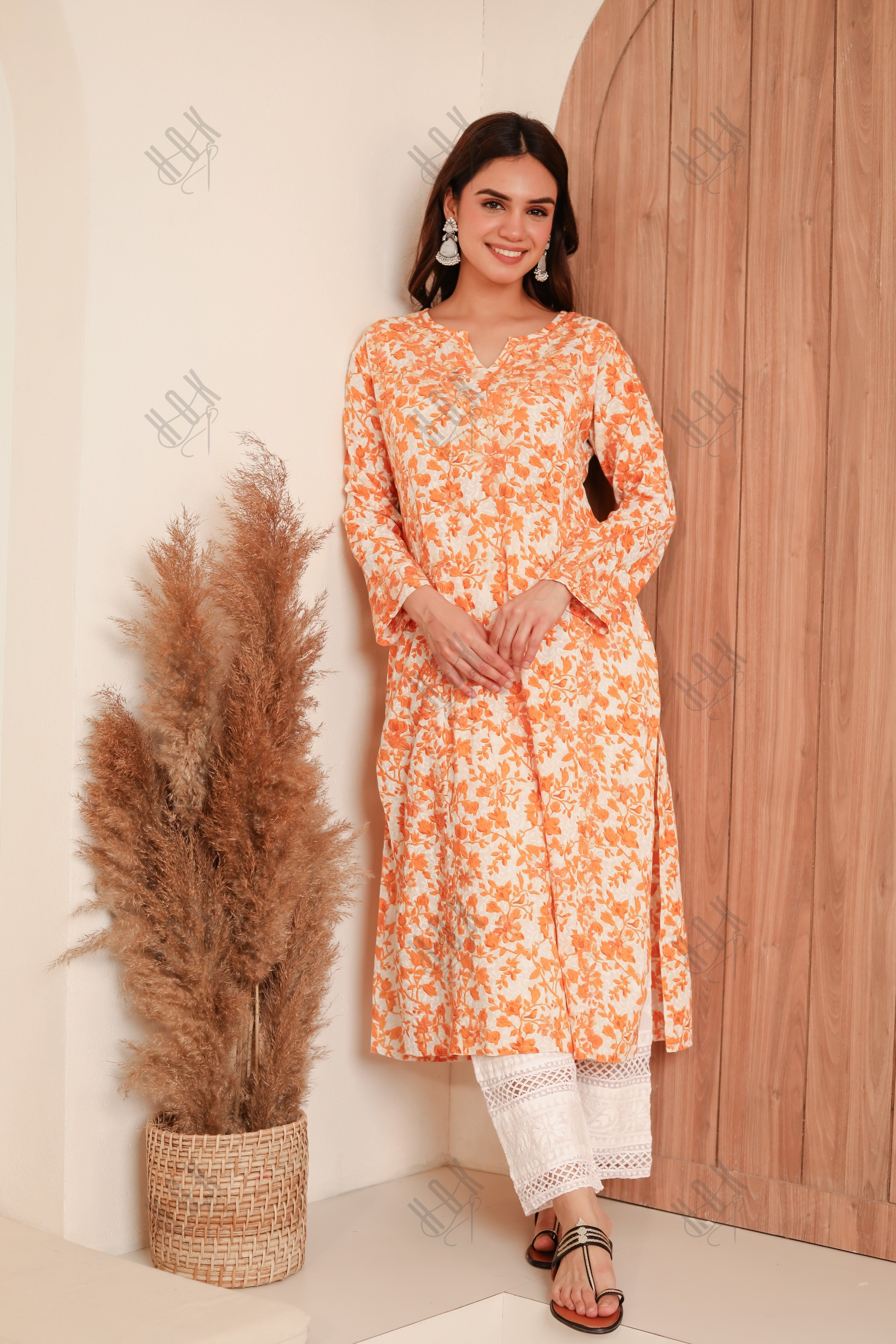 Saba Chikankari Kurta in Mul cotton in Yellow Print