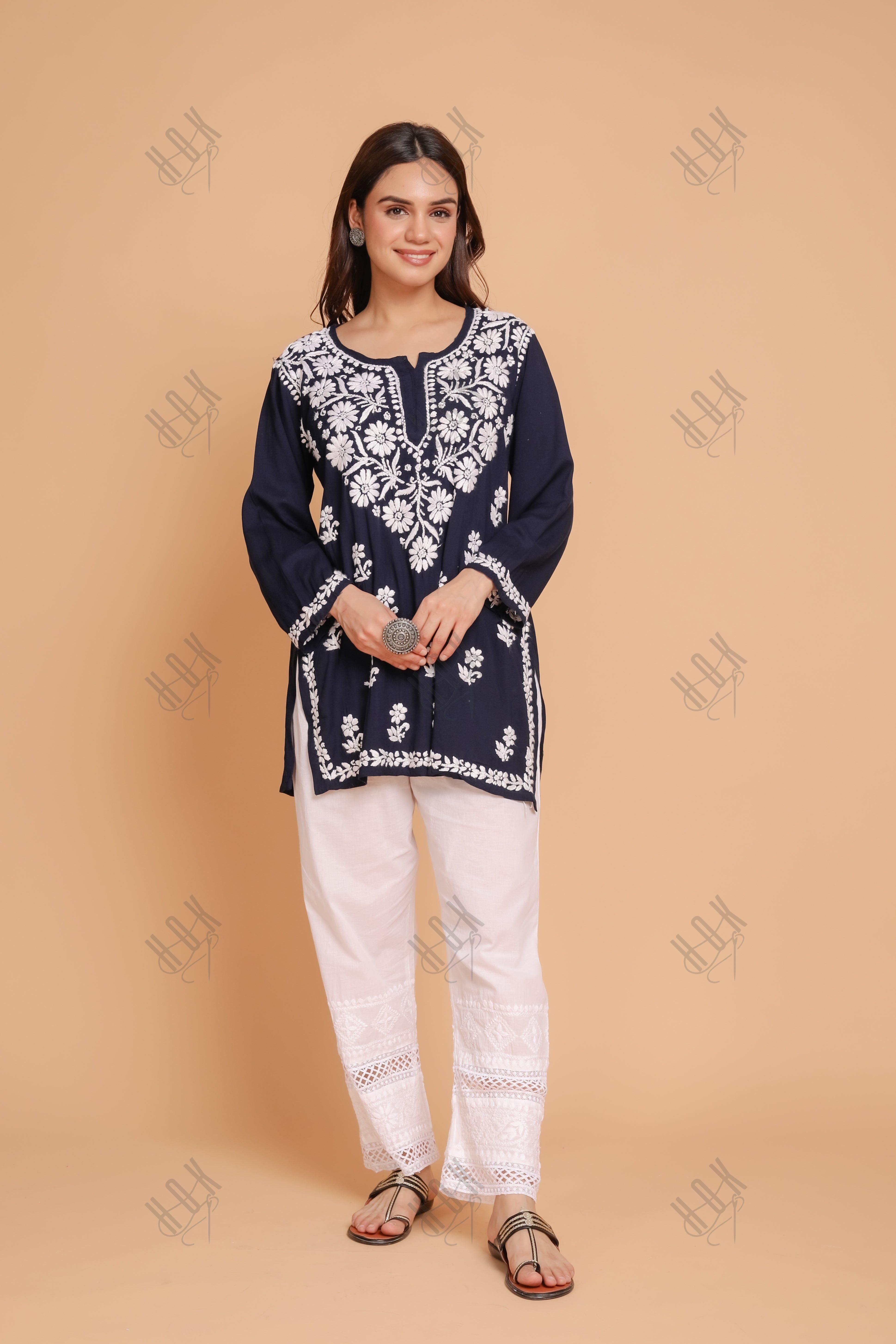 Saba Chikankari Short Kurta in Rayon cotton - Navy Blue