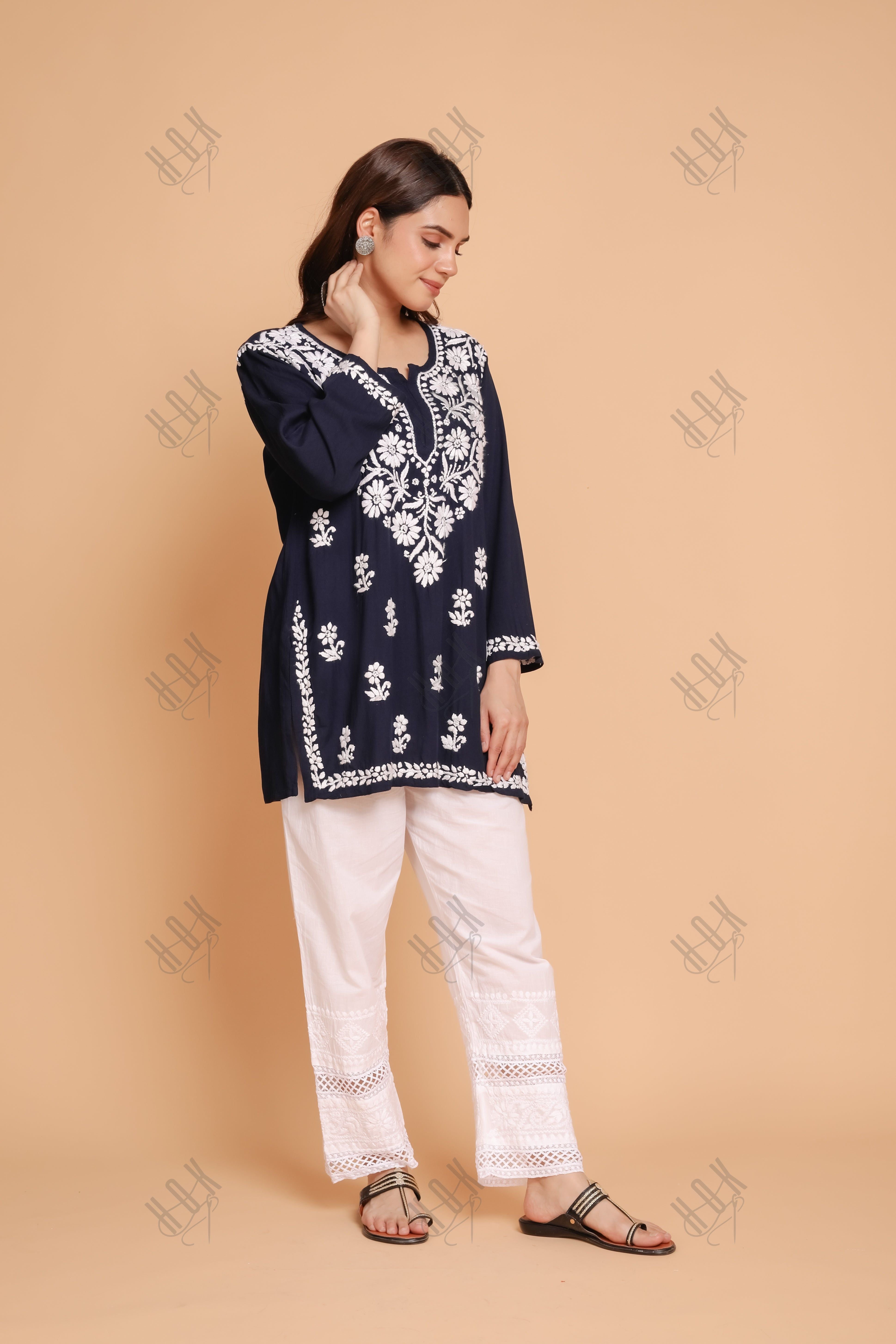 Saba Chikankari Short Kurta in Rayon cotton - Navy Blue