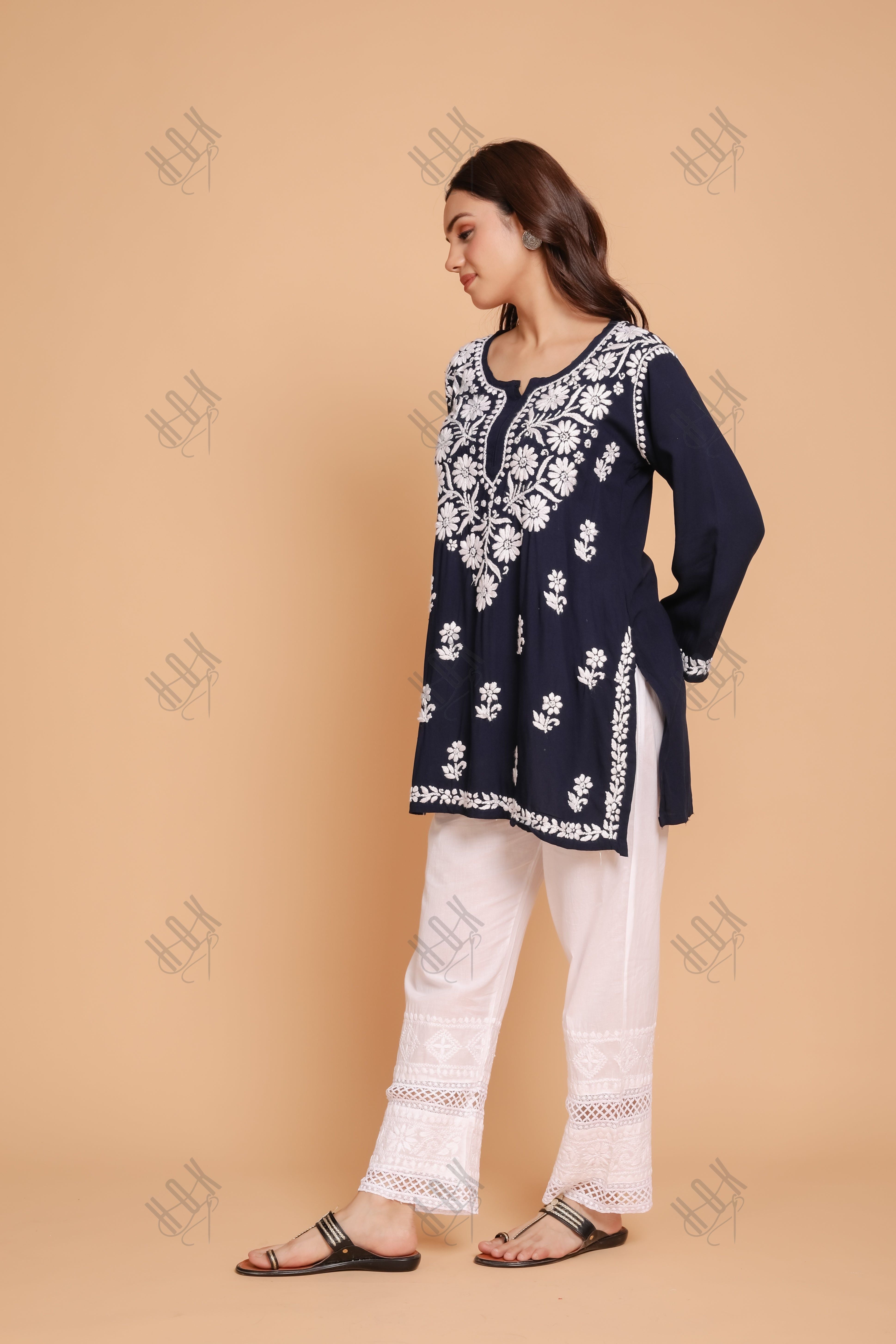 Saba Chikankari Short Kurta in Rayon cotton - Navy Blue