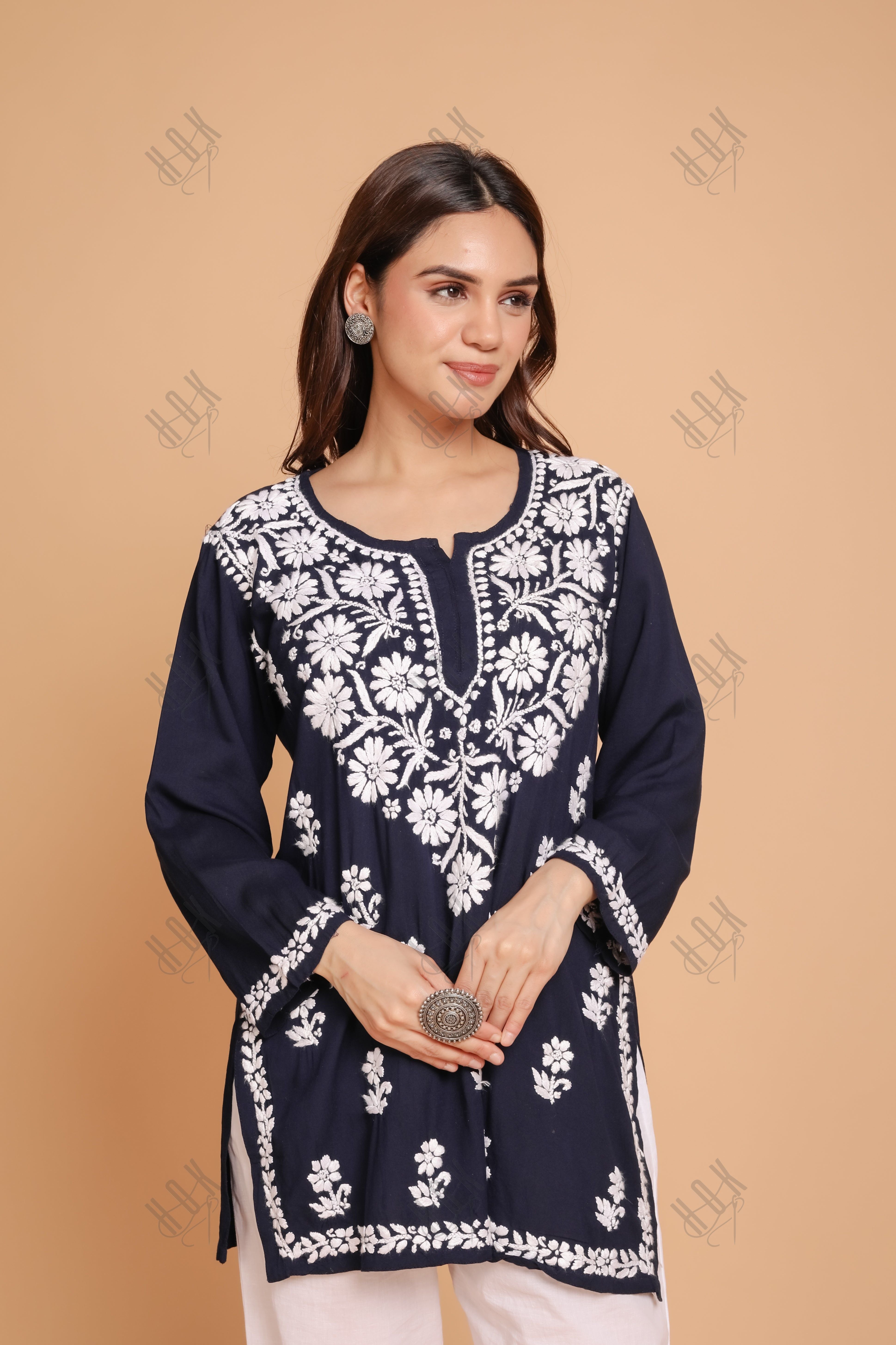 Saba Chikankari Short Kurta in Rayon cotton - Navy Blue