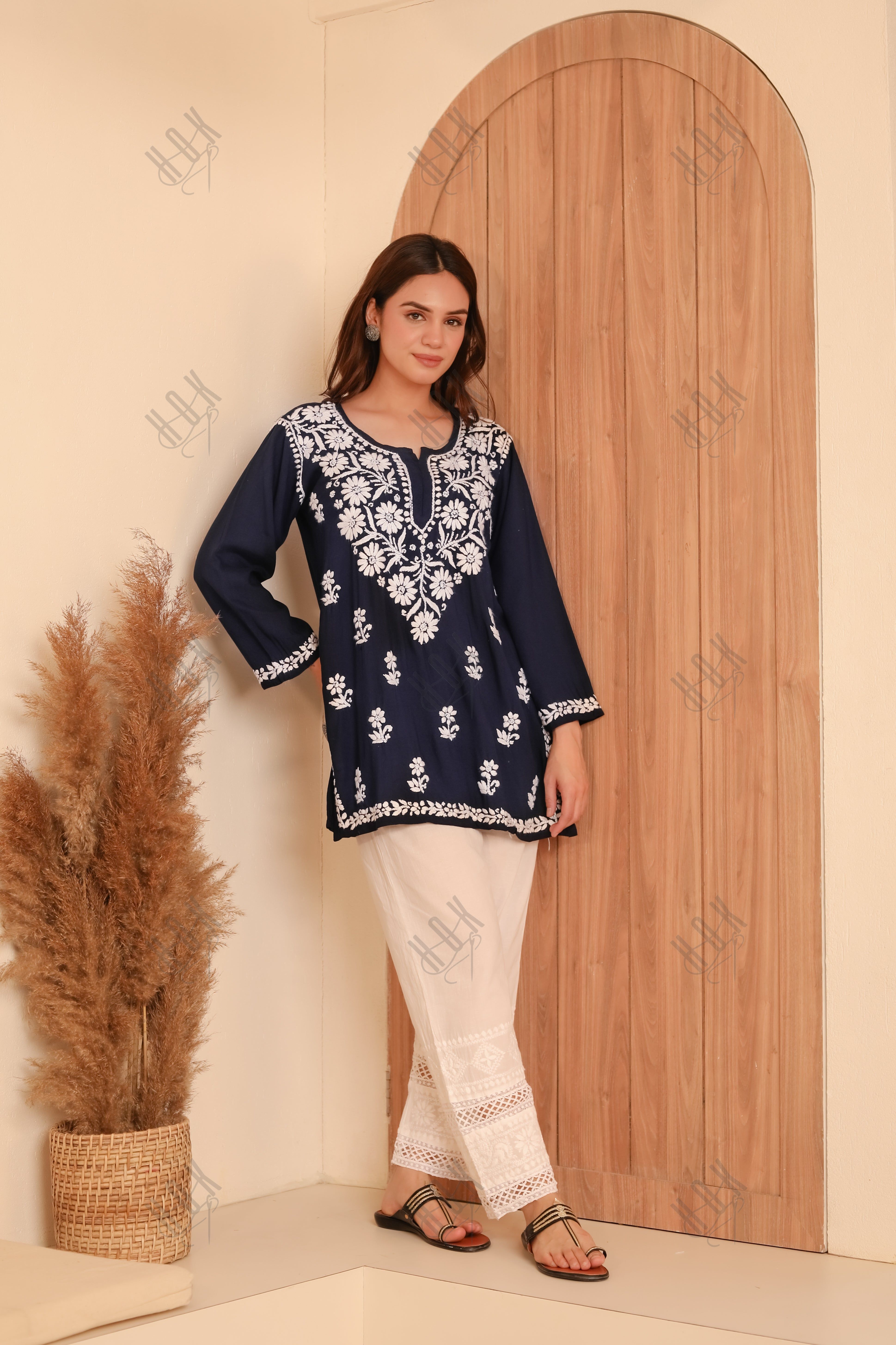 Saba Chikankari Short Kurta in Rayon cotton - Navy Blue