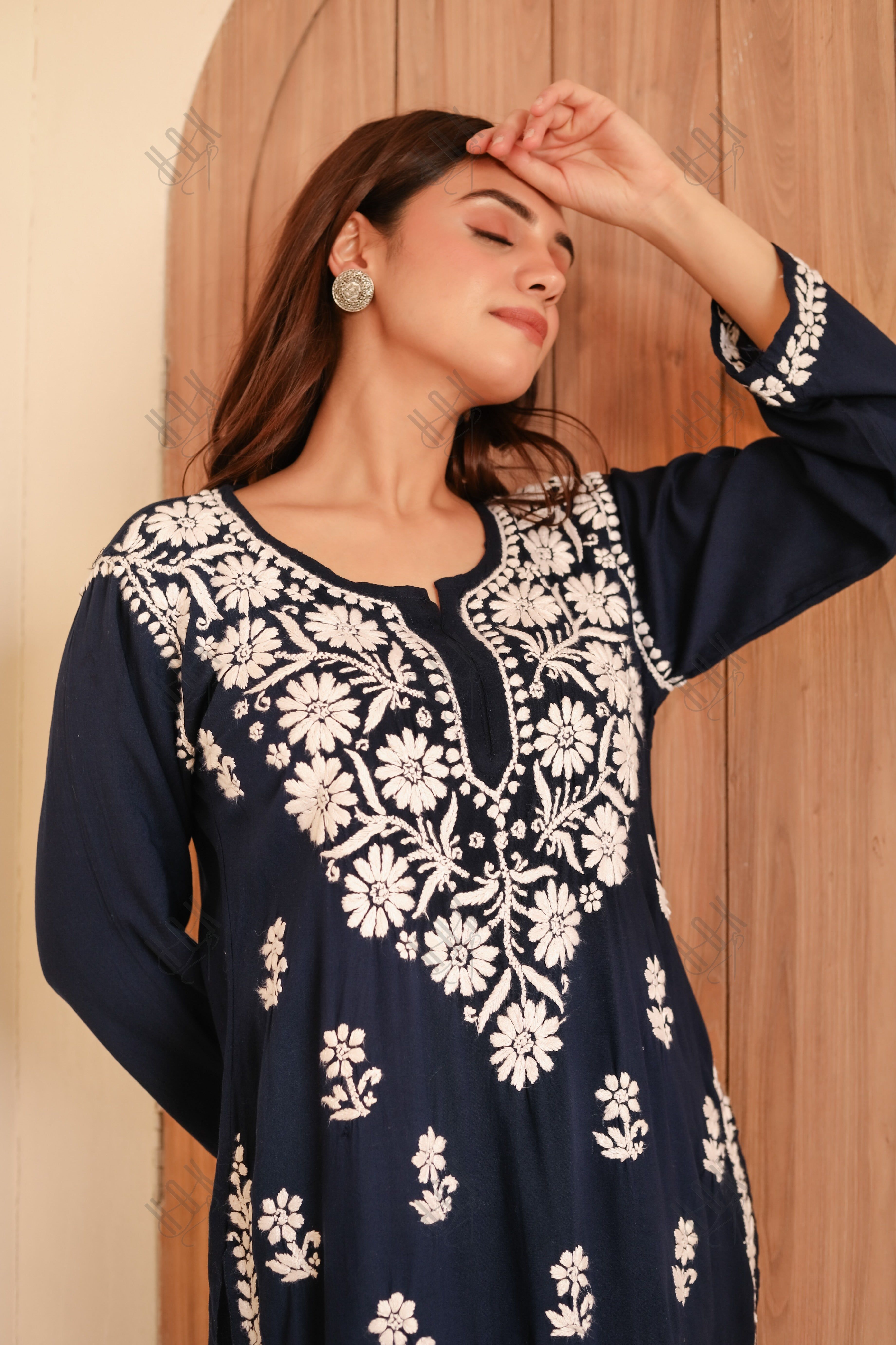 Saba Chikankari Short Kurta in Rayon cotton - Navy Blue