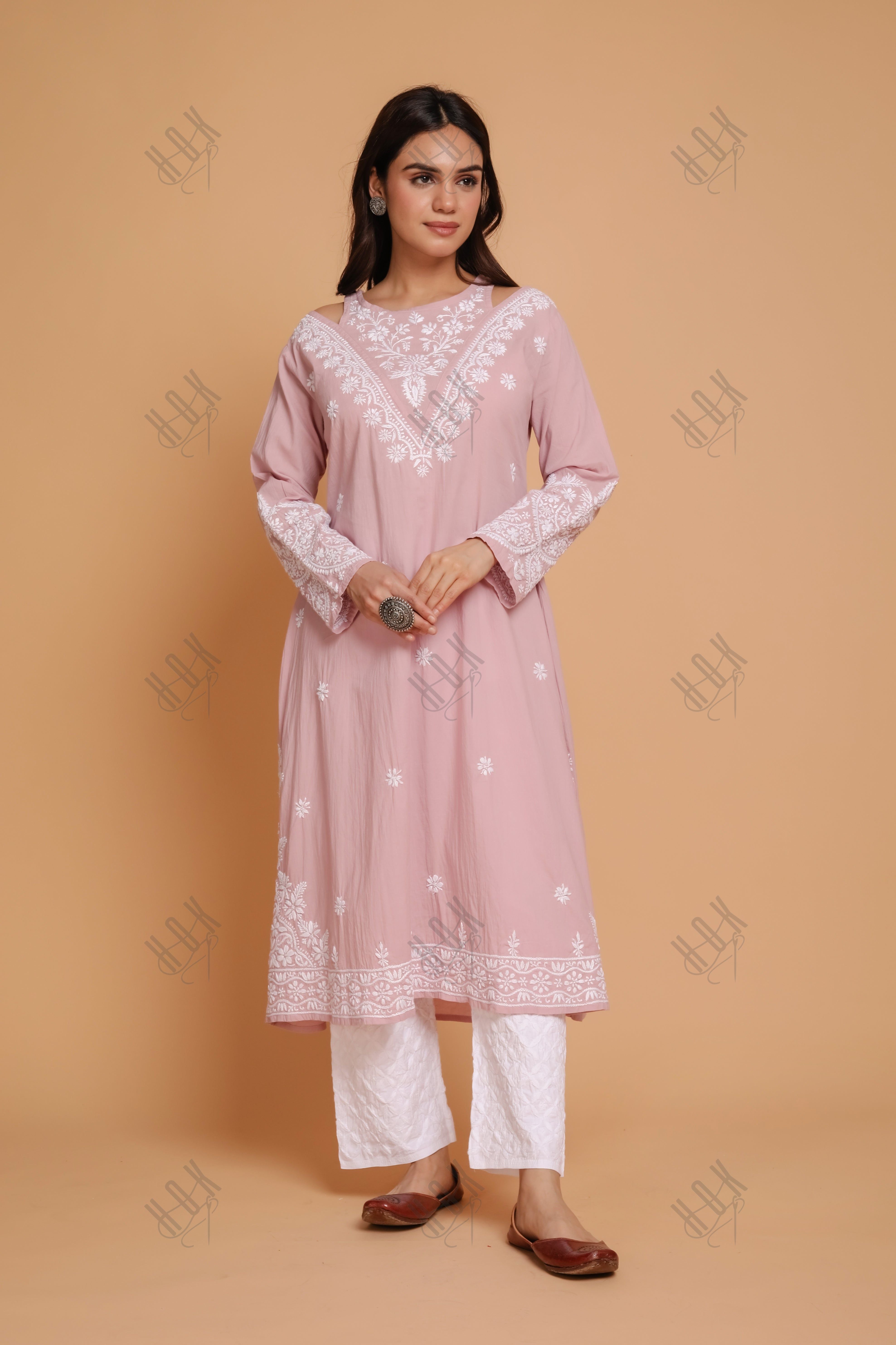 Saba Chikankari Long kurta in cotton - Lilac