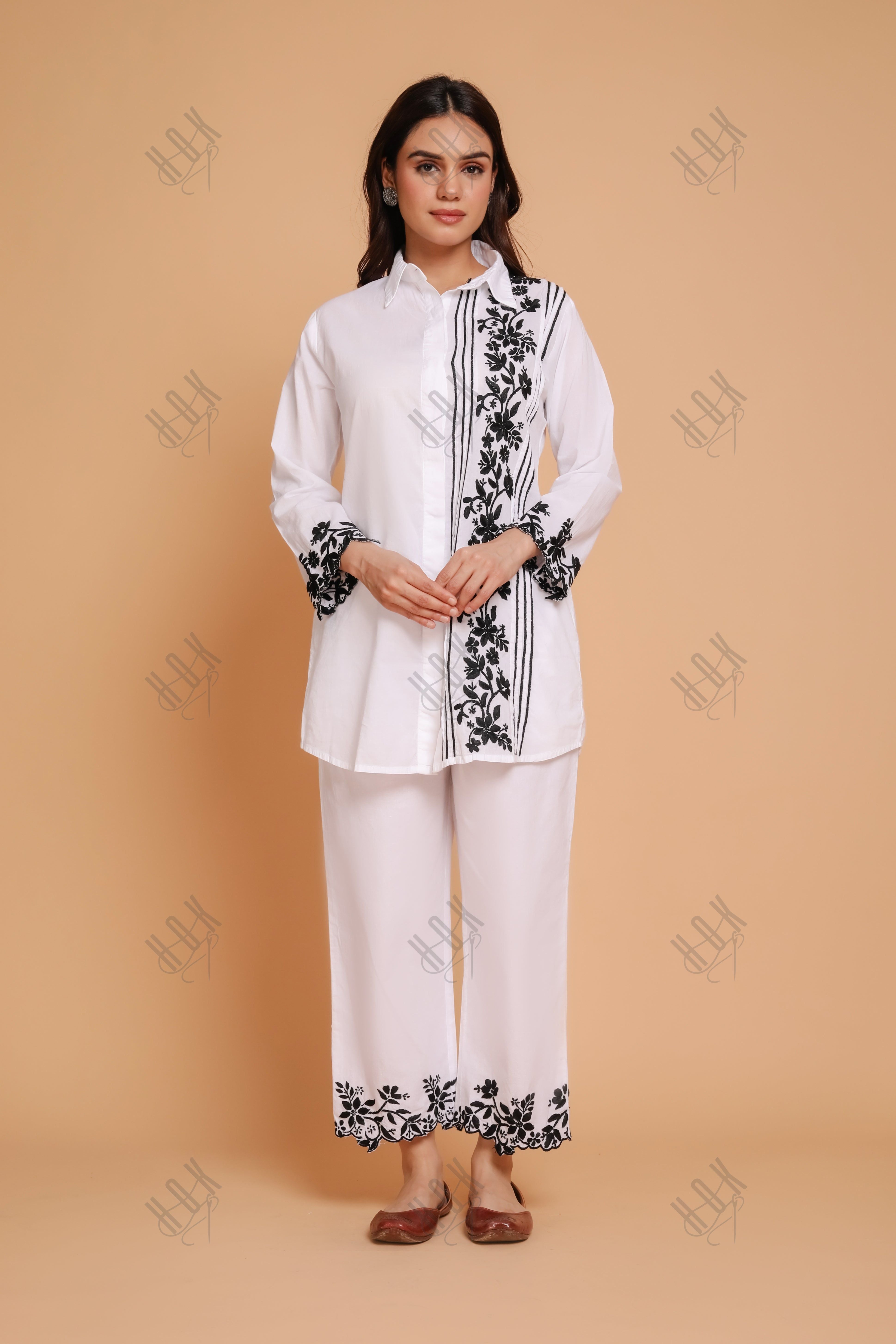 Anushka in Saba Chikankari Co-ord Set in Cotton Cambric - White With Black