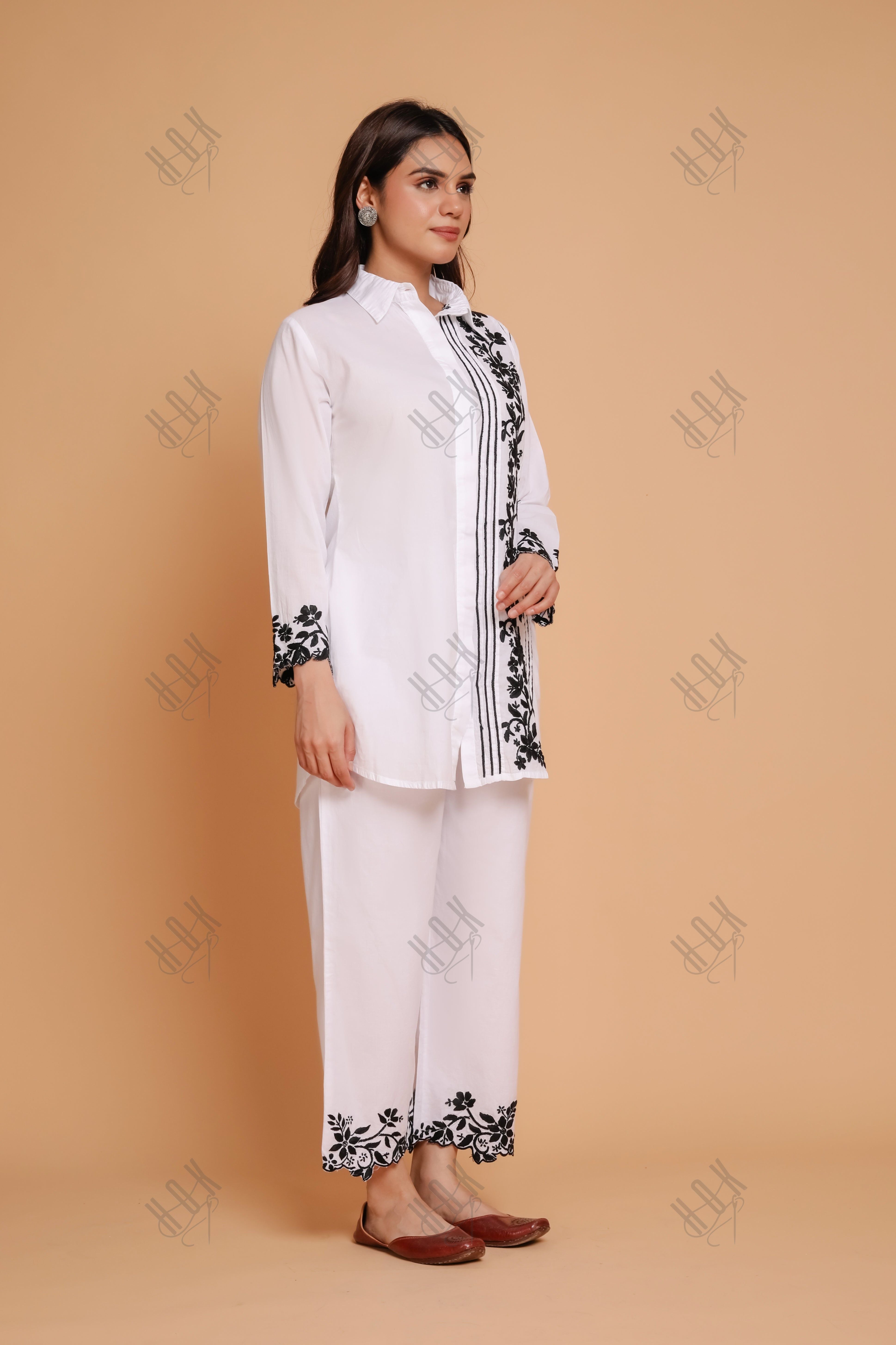 Saba Chikankari Co-ord Set in Cotton Cambric - White With Black