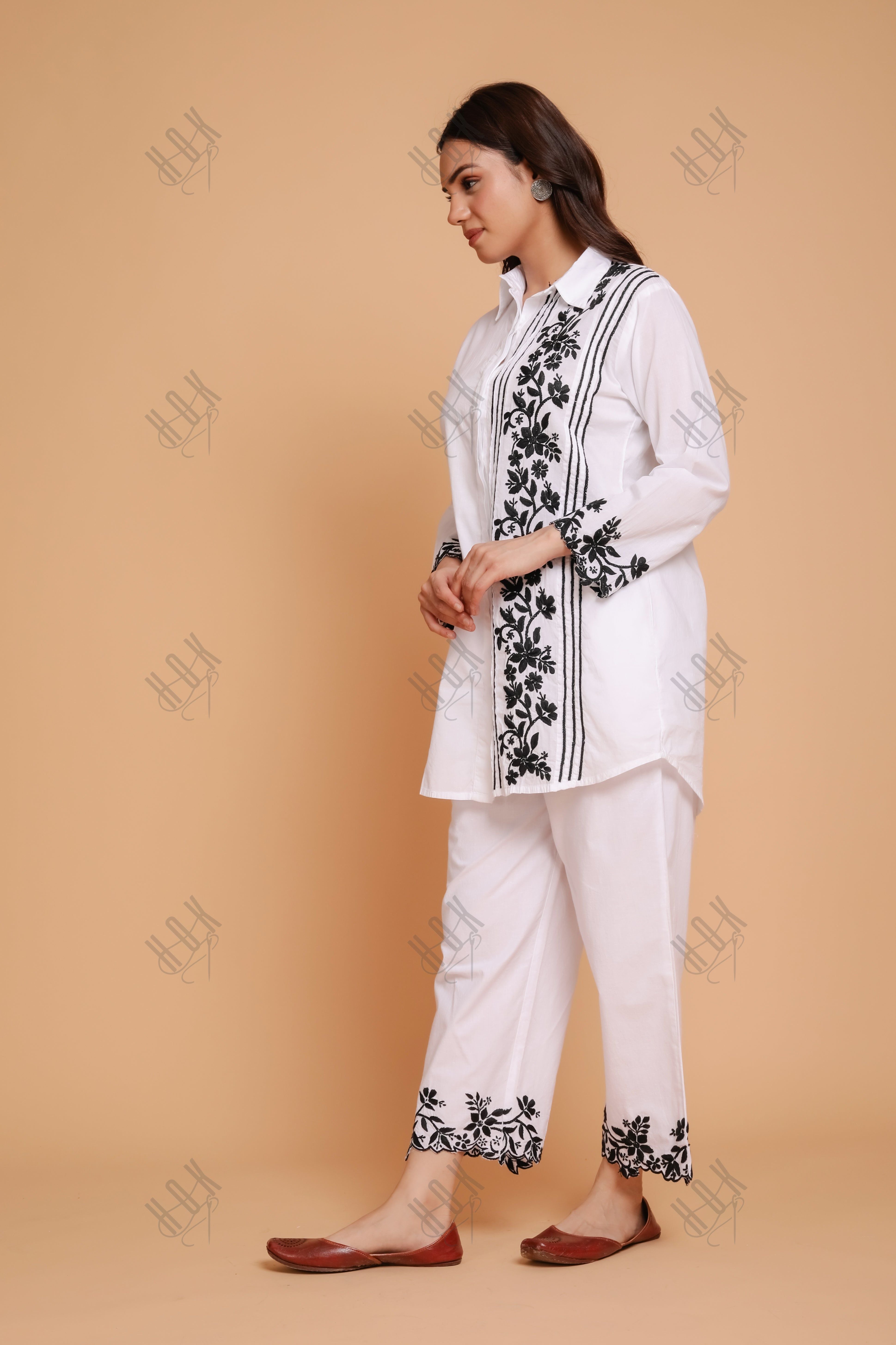 Saba Chikankari Co-ord Set in Cotton Cambric - White With Black