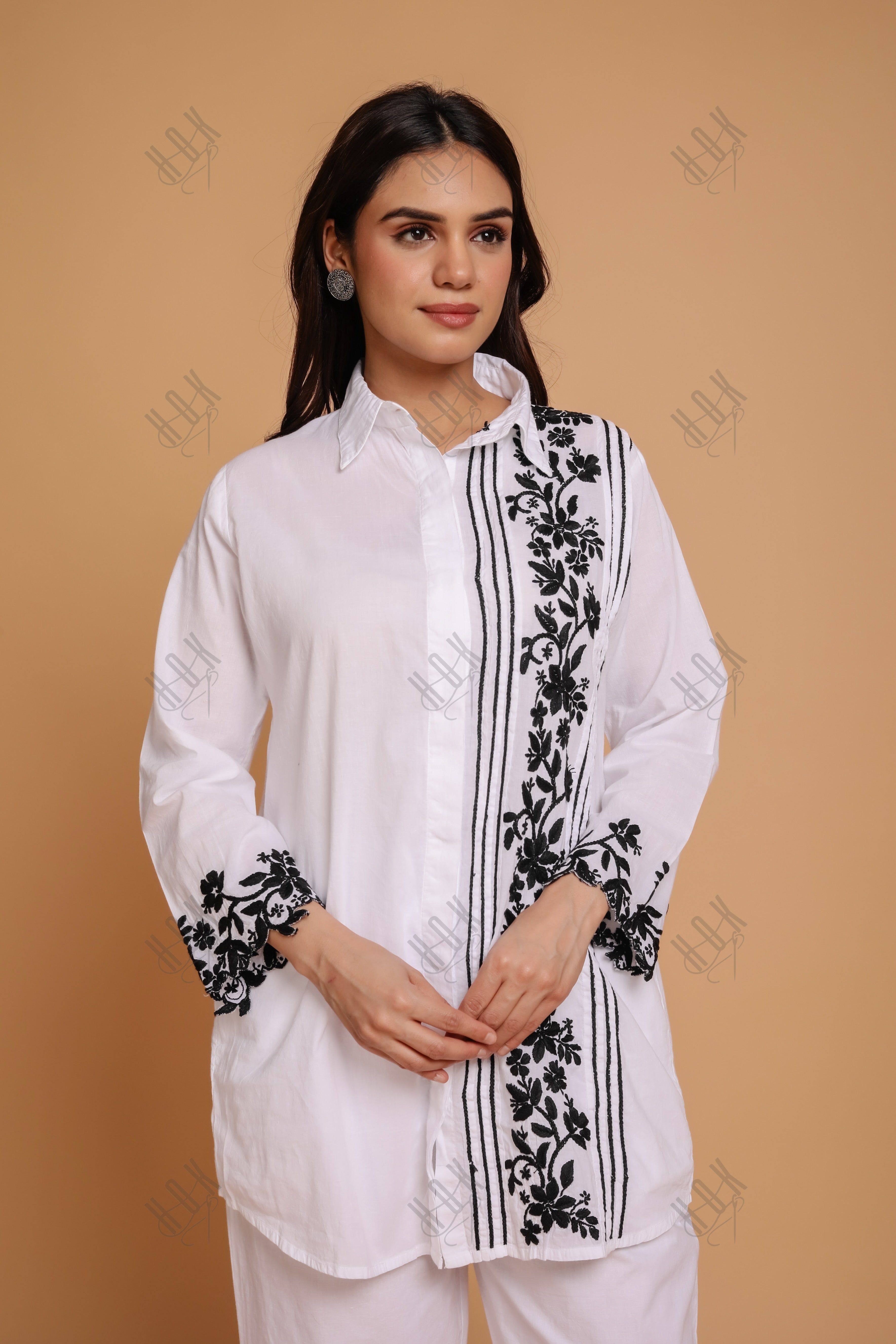 Saba Chikankari Co-ord Set in Cotton Cambric - White With Black