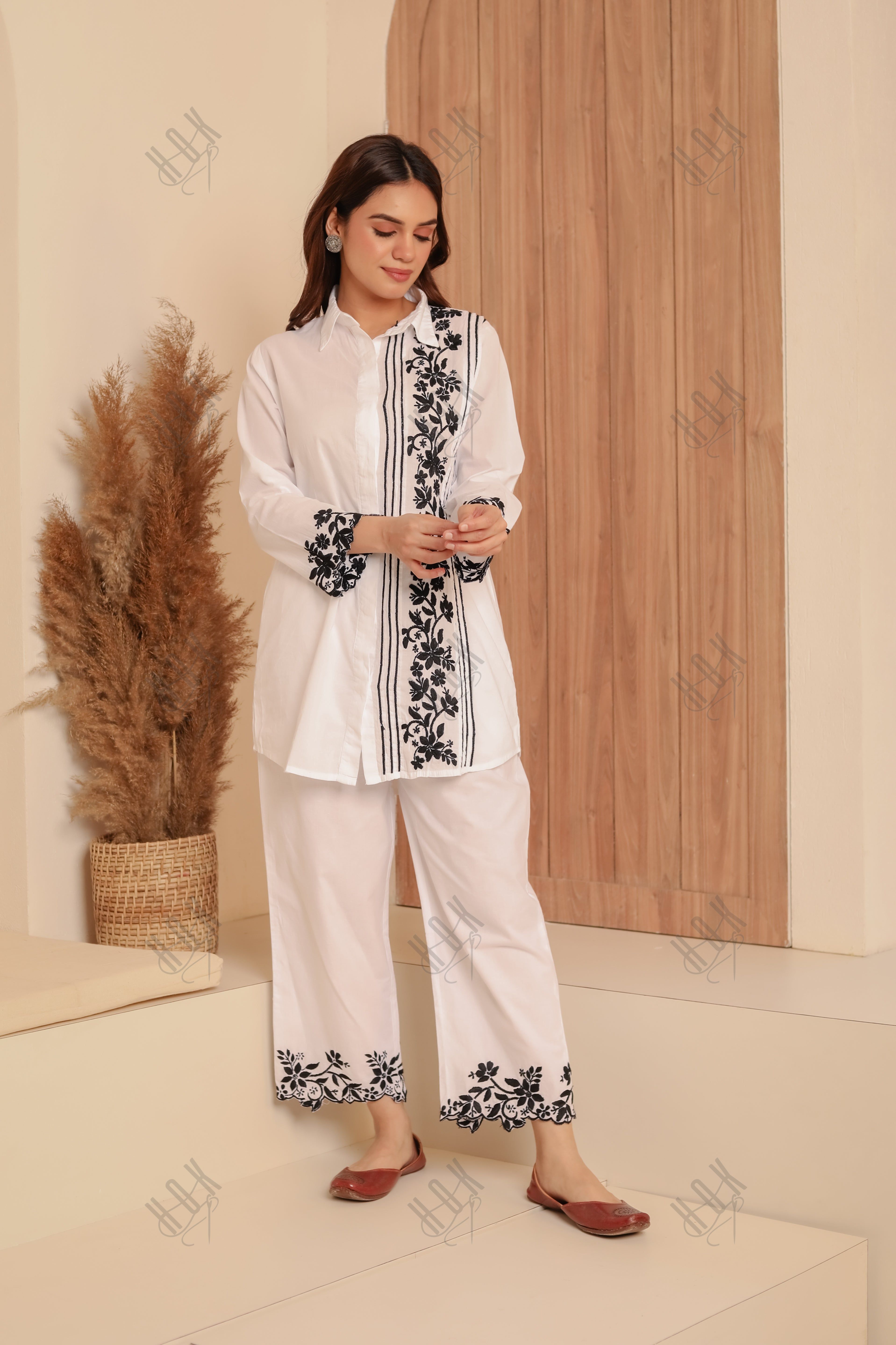 Saba Chikankari Co-ord Set in Cotton Cambric - White With Black