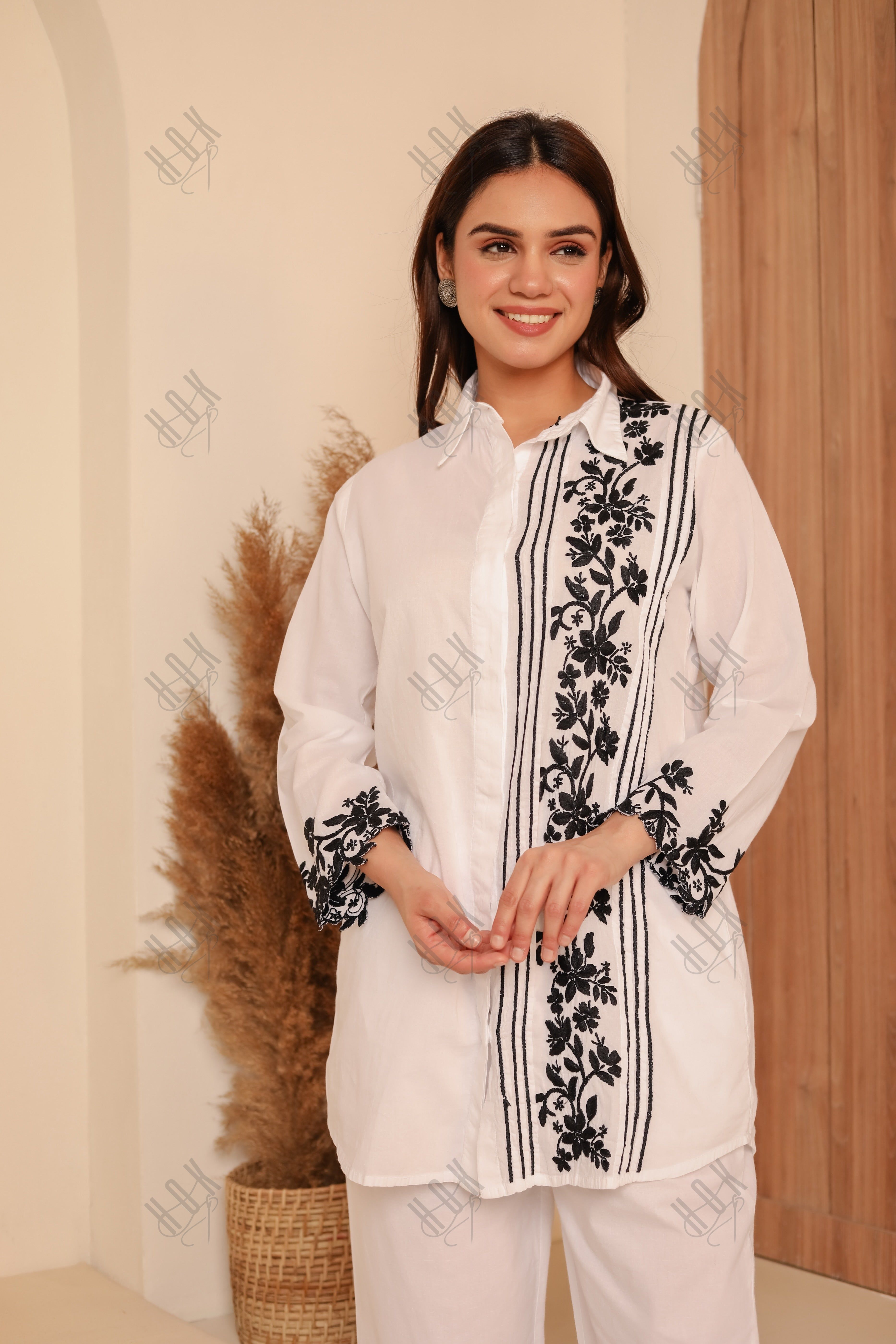 Saba Chikankari Co-ord Set in Cotton Cambric - White With Black