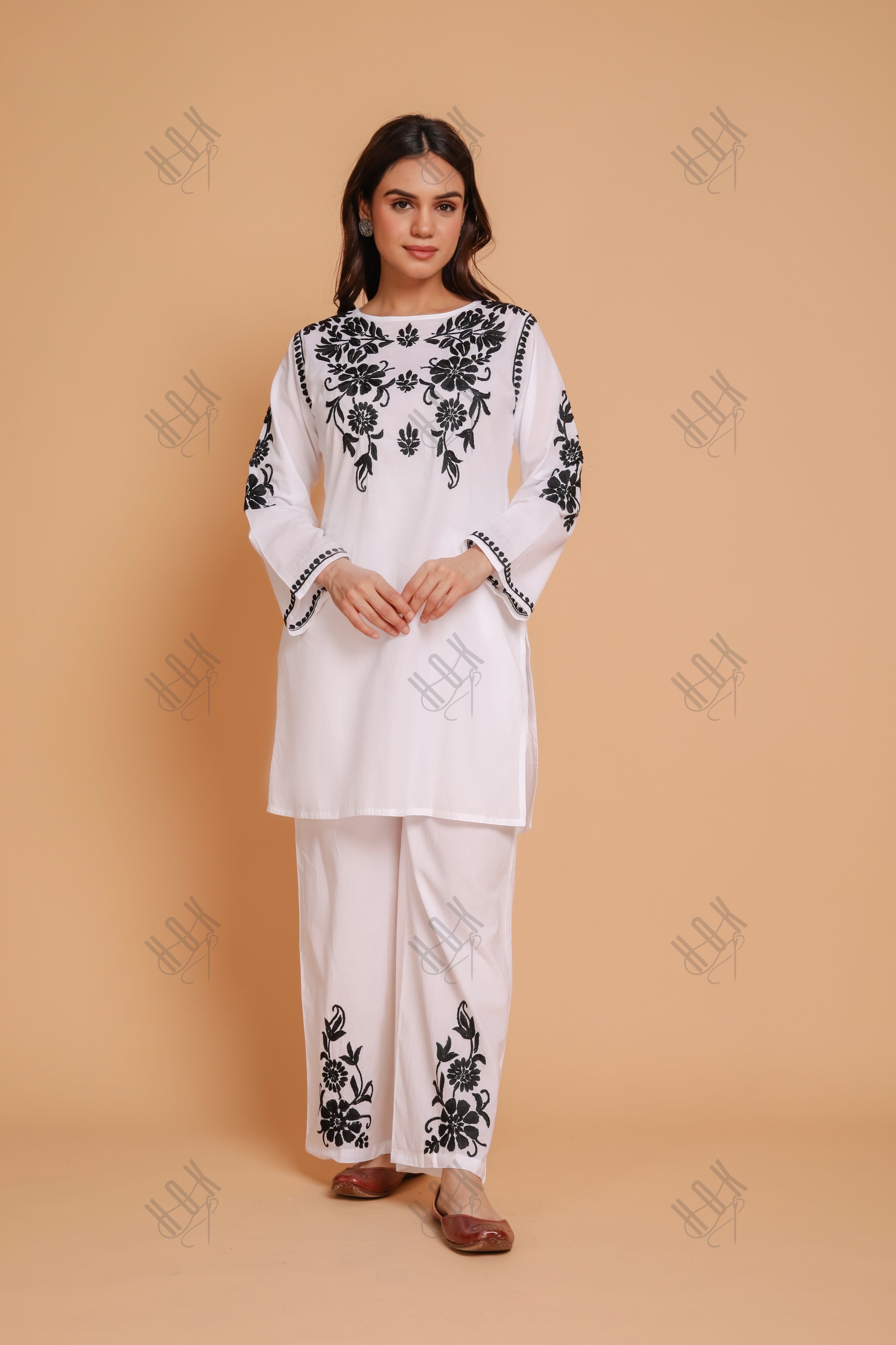 Saba Chikankari Co-ord Set in Cotton Cambric - White With Black