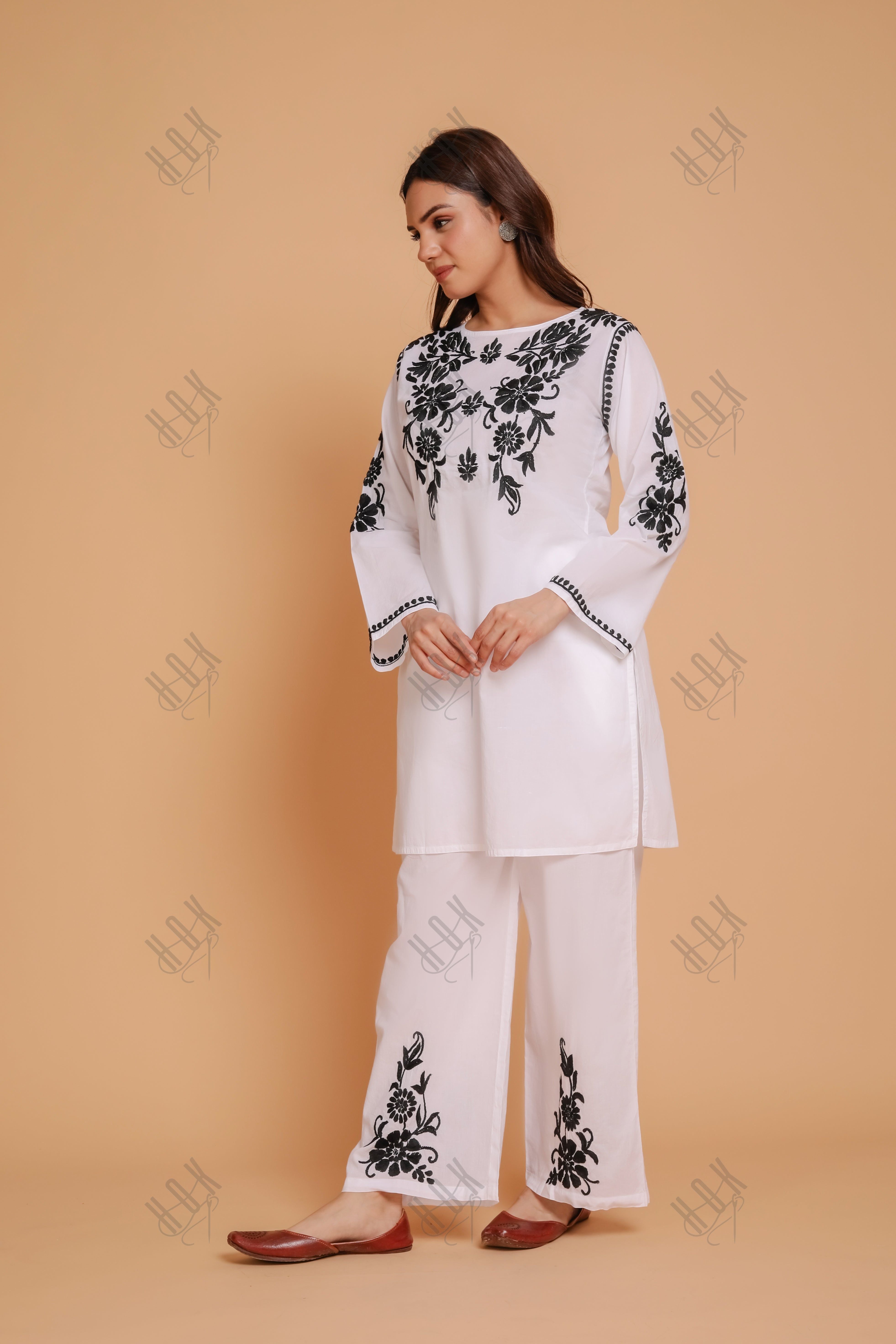 Saba Chikankari Co-ord Set in Cotton Cambric - White With Black