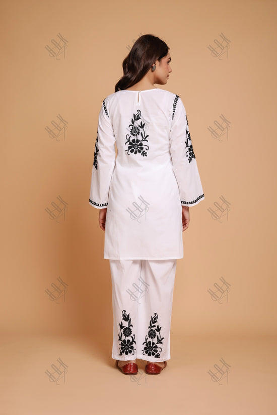 Saba Chikankari Co-ord Set in Cotton Cambric - White With Black