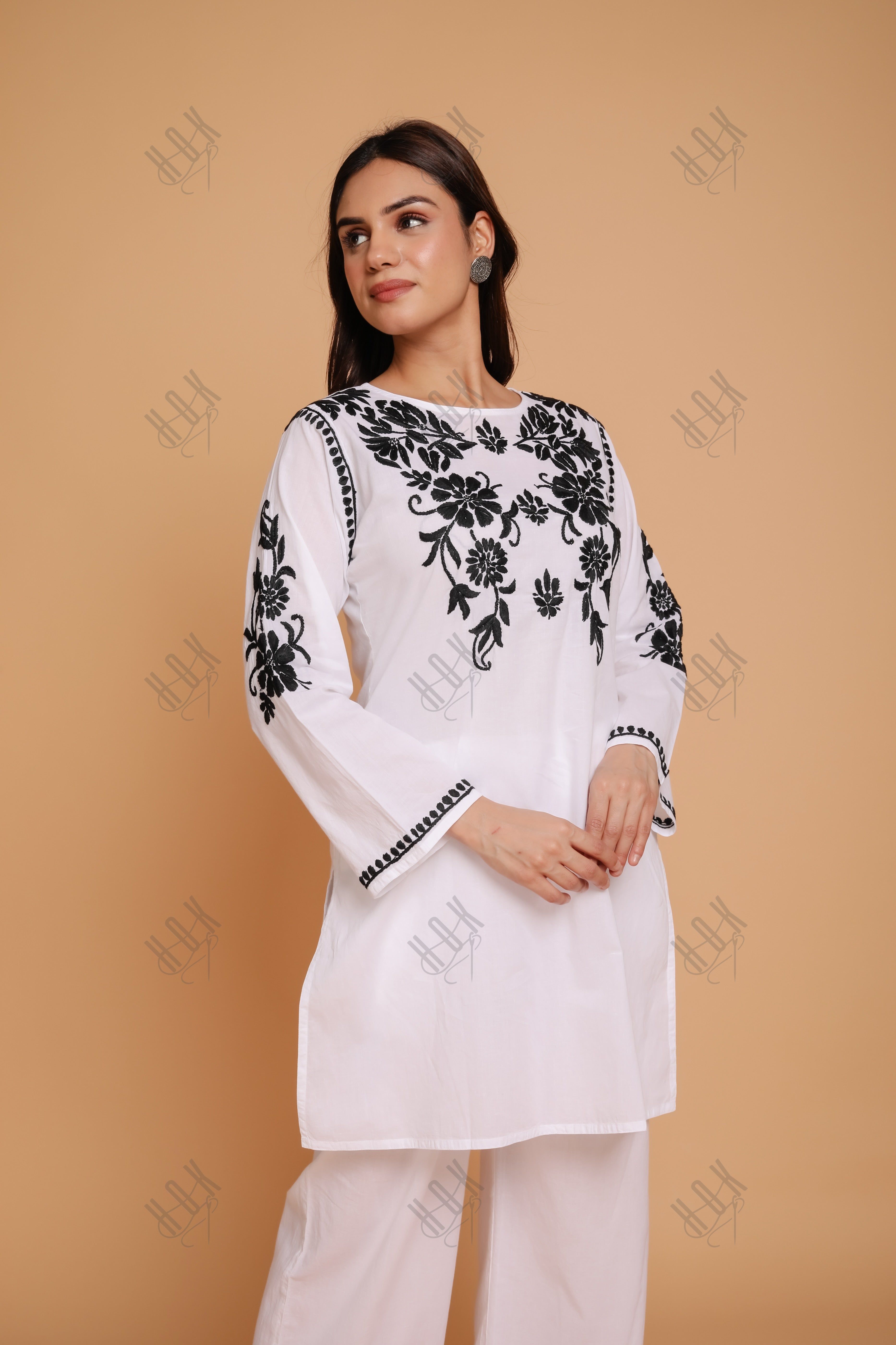 Saba Chikankari Co-ord Set in Cotton Cambric - White With Black