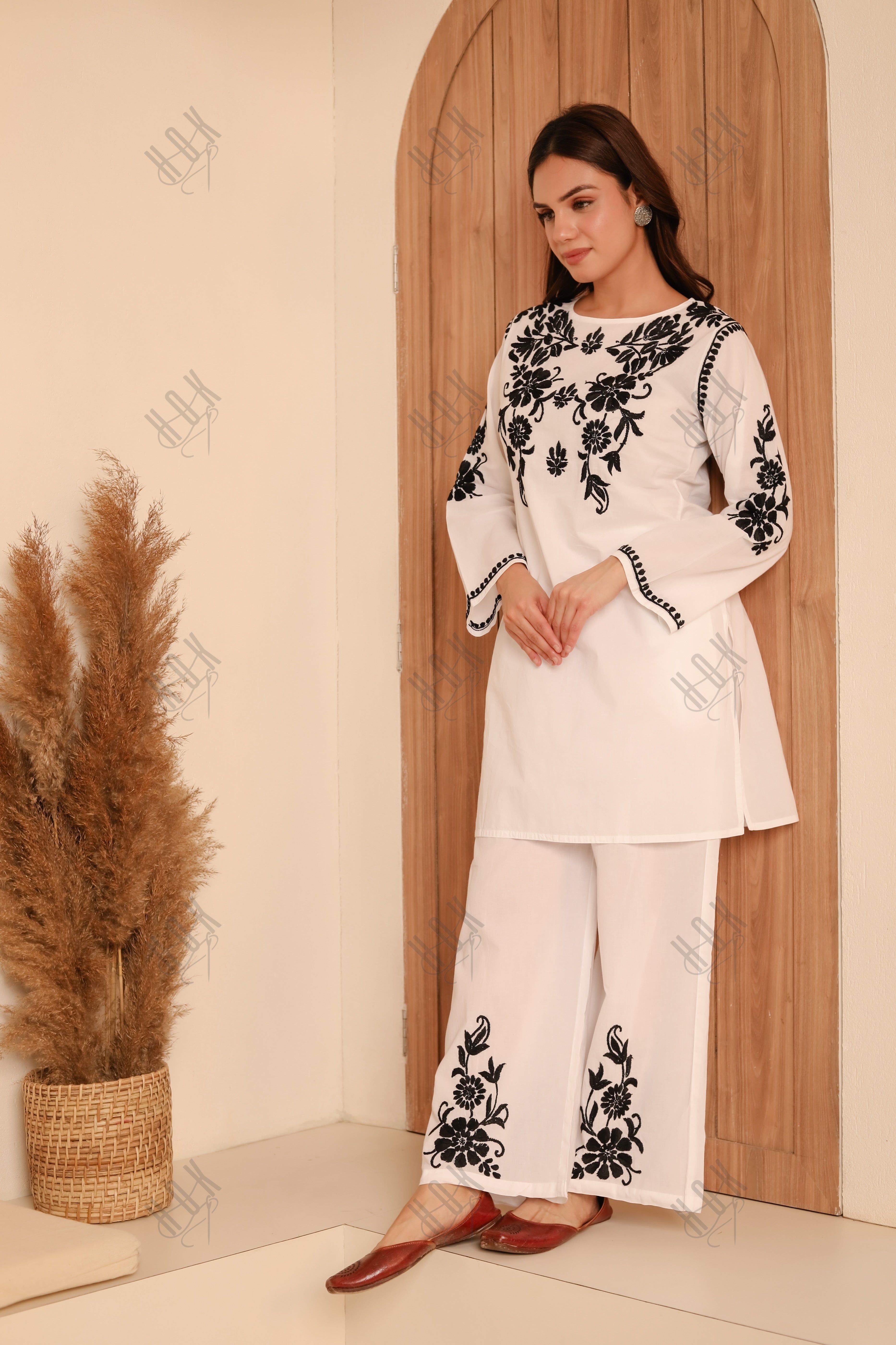 Saba Chikankari Co-ord Set in Cotton Cambric - White With Black